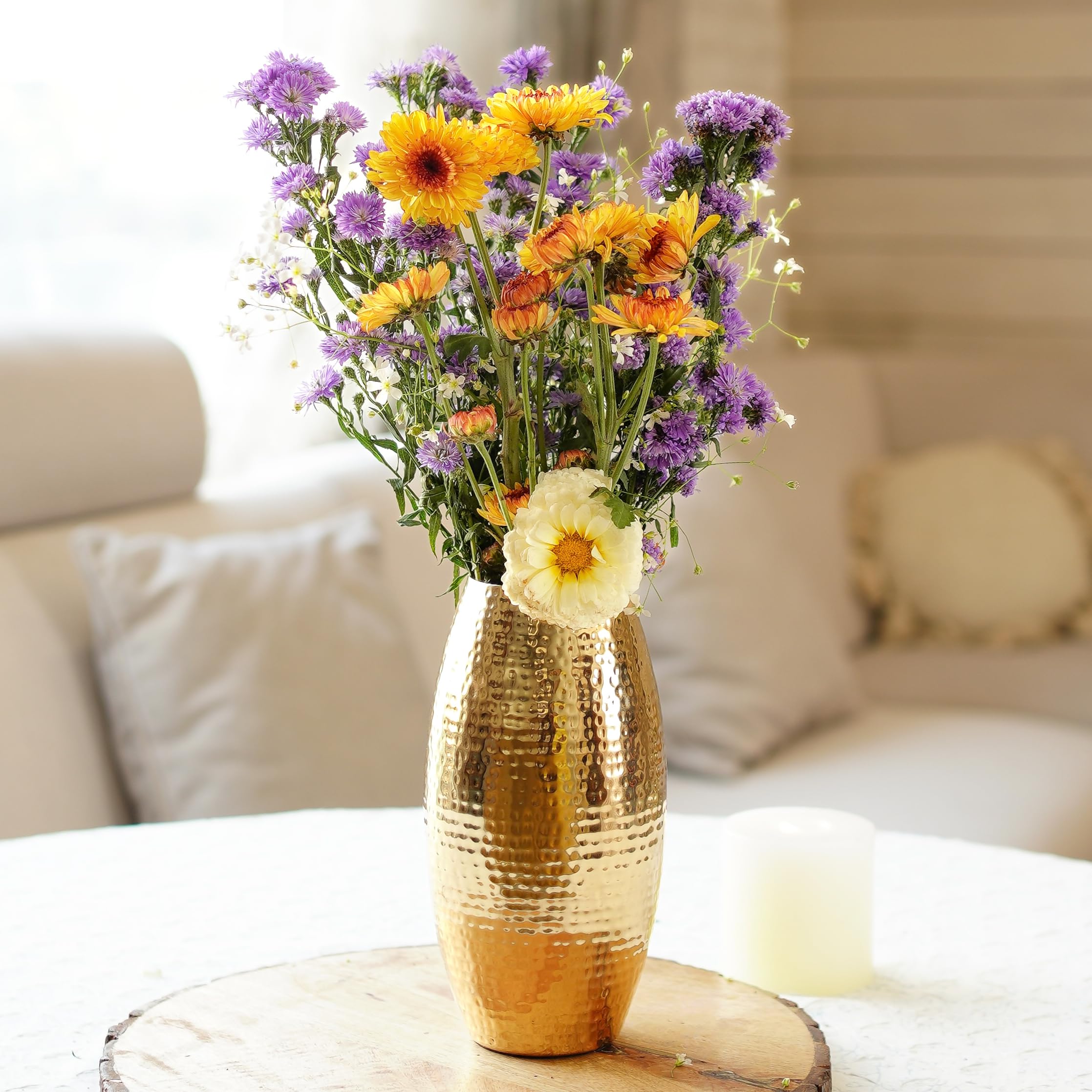 Behoma Metal Hammered Vase for Home Decor Decoratives for Living Room | Best Gift for Birthday Anniversary Valentine's Day Diwali Ganpati Onam |Golden Oblong Shape 1 Large Pcs (Flower not Included)