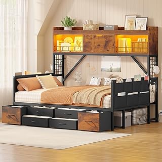 MSmask Daybed with High Bookcase & 6 Storage Drawers, Full Corner Bed wi...