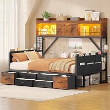 MSmask Daybed with High Bookcase & 6 Storage Drawers, Full Corner Bed with LED Lights, Charging Station, Kids Teens Adults Storage Bed for Living Room/Bedroom/Guest Room, Space Saving, Vintage Brown