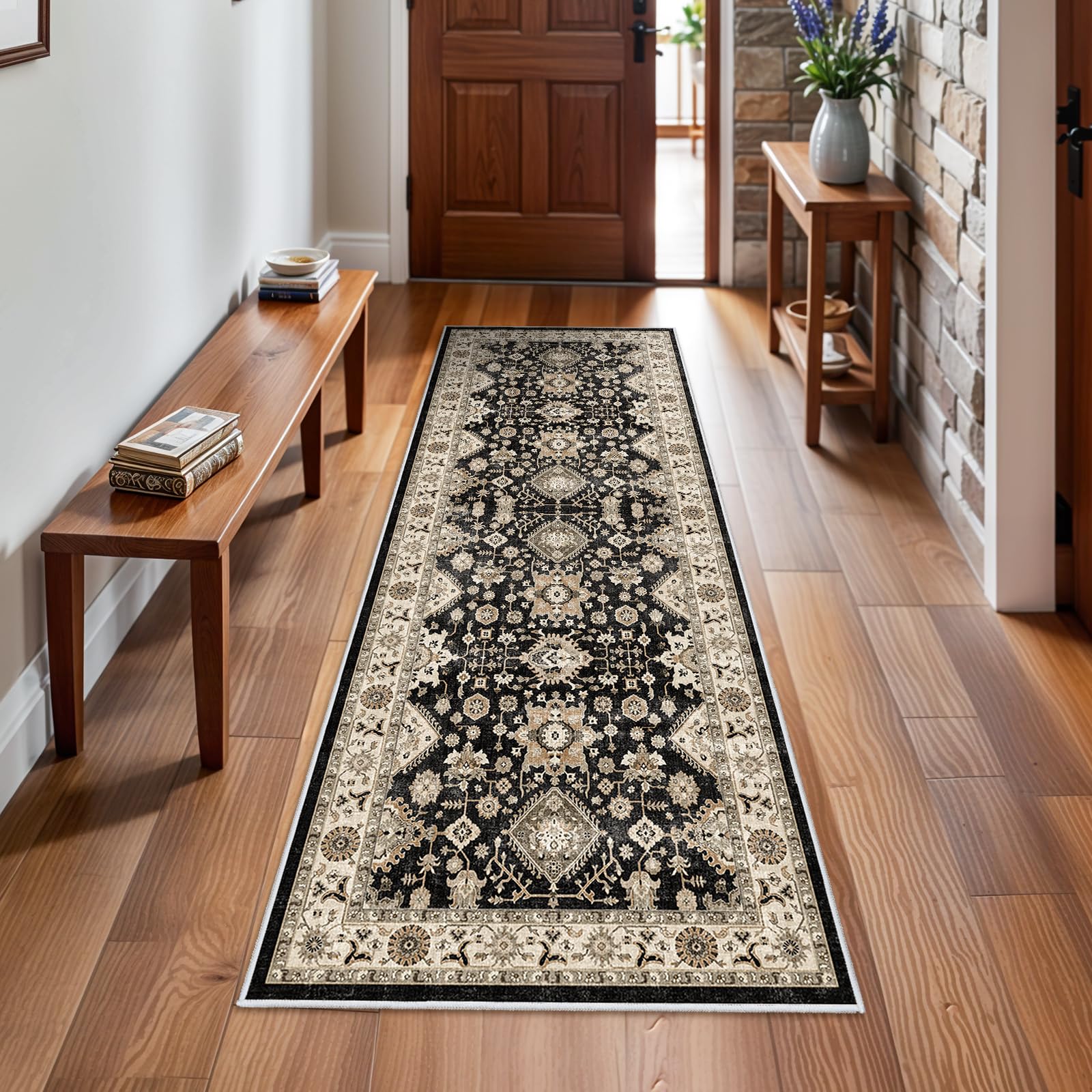 Washable Hallway Runner Rug 2x6: Non Slip Runner Rugs with Rubber Backing Soft Kitchen Rug Farmhouse Distressed Carpet Runner for Living Room Bedroom Bathroom (Black/Green, 2X6)
