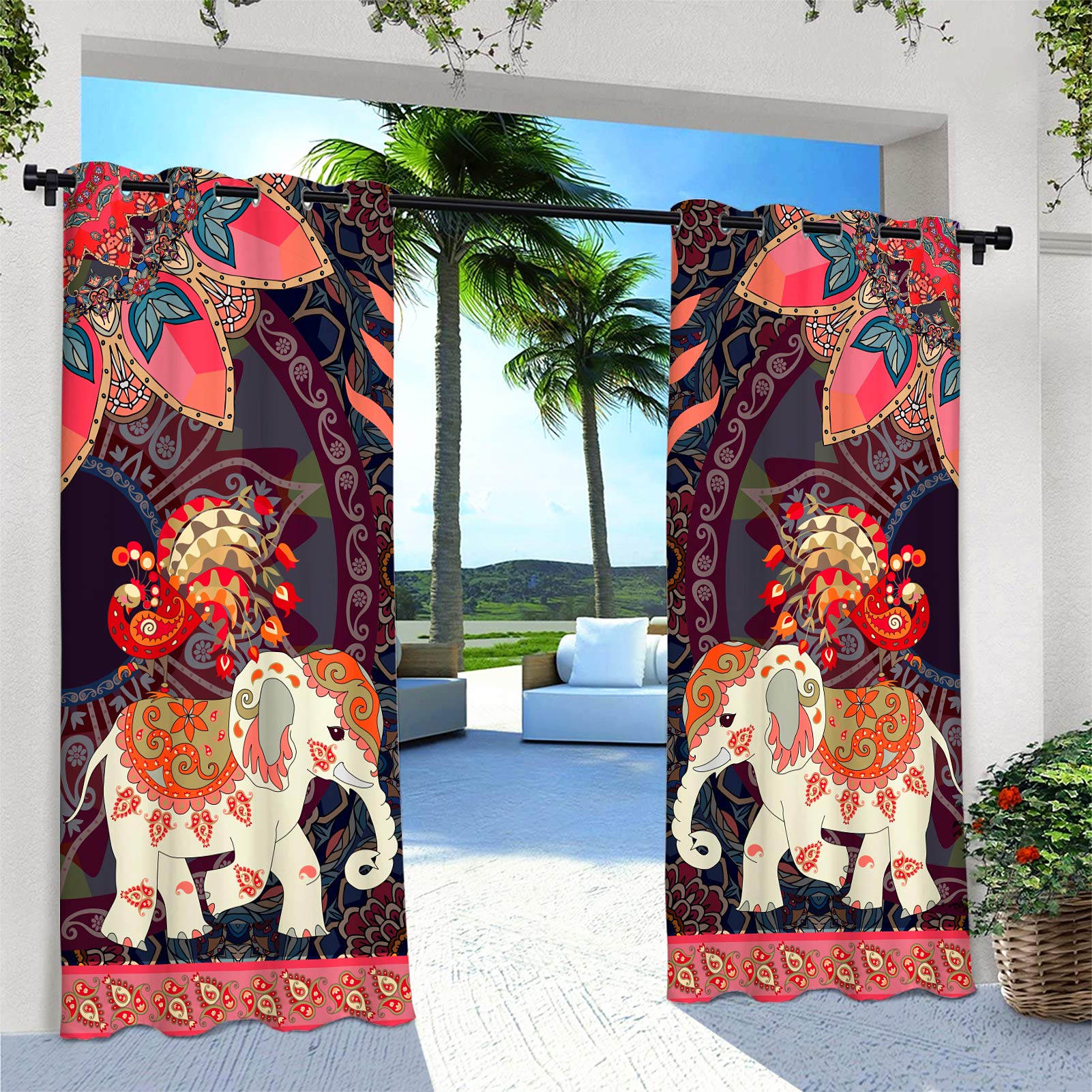 ANHOPE Outdoor Curtains Grommet Waterproof Window Drapes with Indian Bohemian Elephant Print Pattern Privacy Outside Curtains for Patio Pergola Gazebo Porch Cabana 2 Panels 36 x 84 Inch