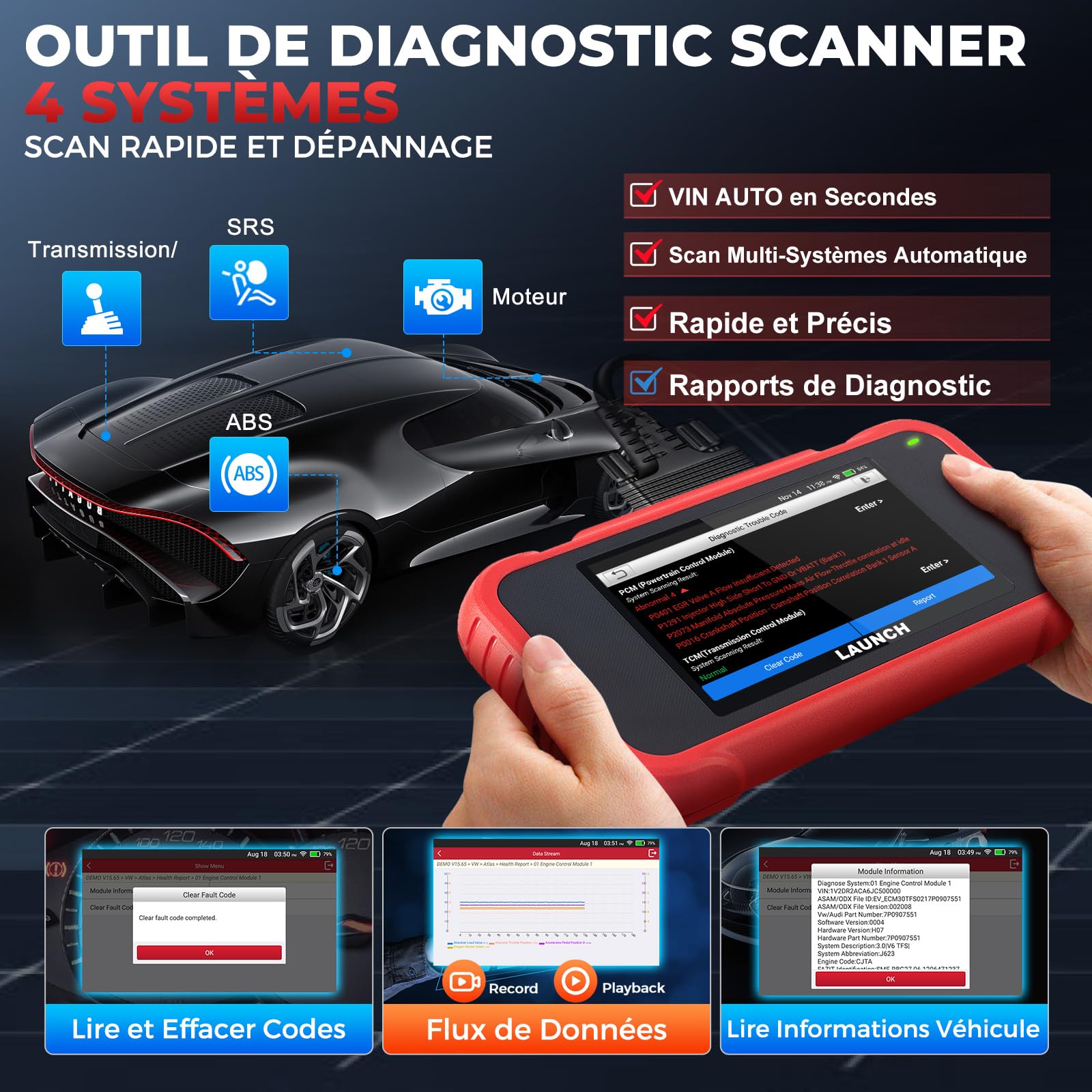 LAUNCH CRP123E V3.0 OBD2 Valise Diagnostic Auto français avec 4 Systèmes Moteur ABS SRS Transmission, 7 Reset Oil SAS EPB DPF Purge ABS BMS Accélérateur, Diagnostic Voiture, Can FD DOIP, MàJ WiFi