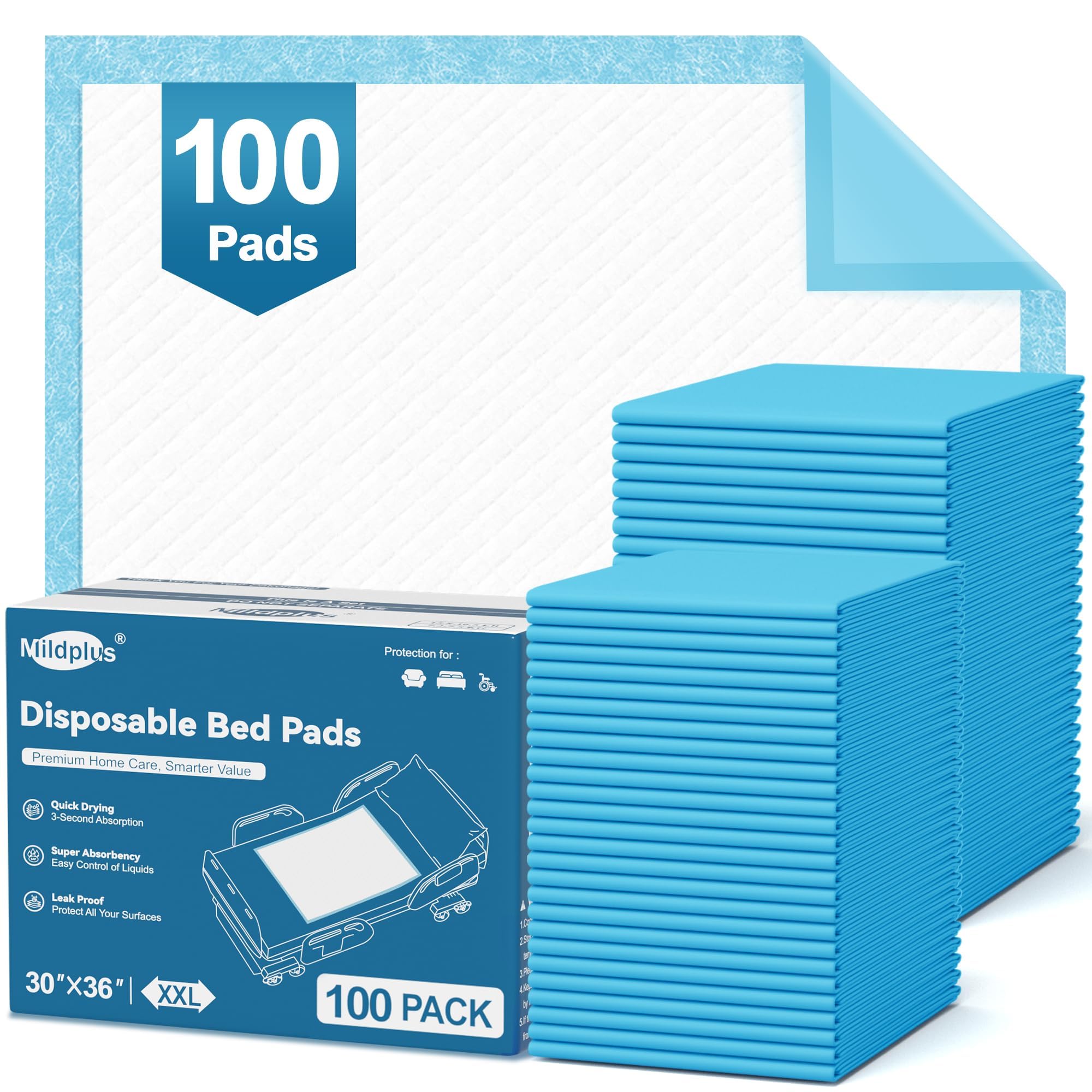 Photo 1 of *Box damaged* 100 Count Disposable Bed Pads 30''X36'' MILDPLUS Super Absorbent Underpads, Disposable Extra Large Chucks Pads, Incontinence Pads for Adults, Children's Bedwetting Pads, Puppy Pads