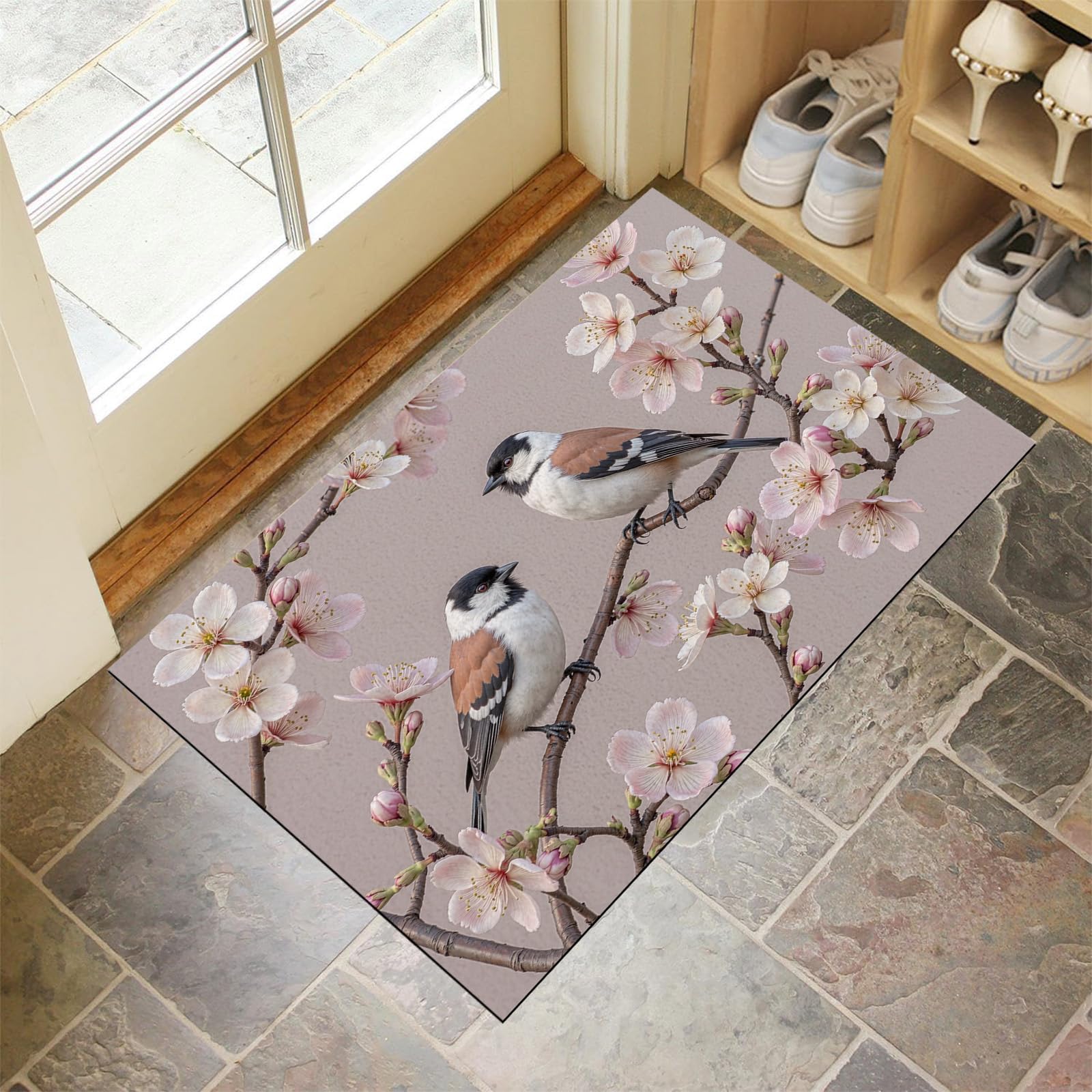 Felpudo rosa claro 60x90 cm con estampado de flores y pájaros para pasillo
