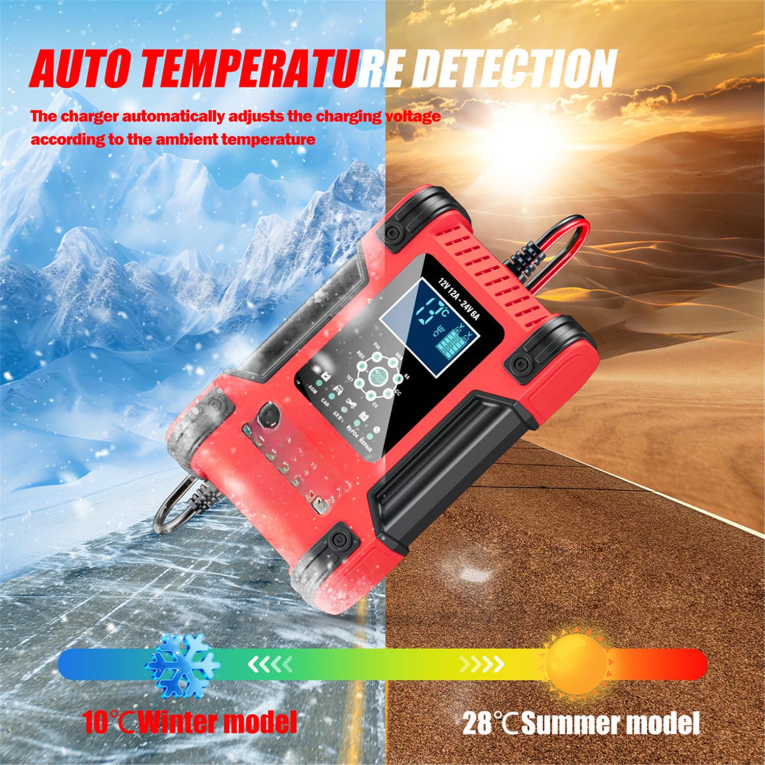 Cargador de batería 7 etapas con botón Pantalla Digital Grande protección múltiple y Modo reparación 100-240V para Coche SUV RV Motocicleta camión yate