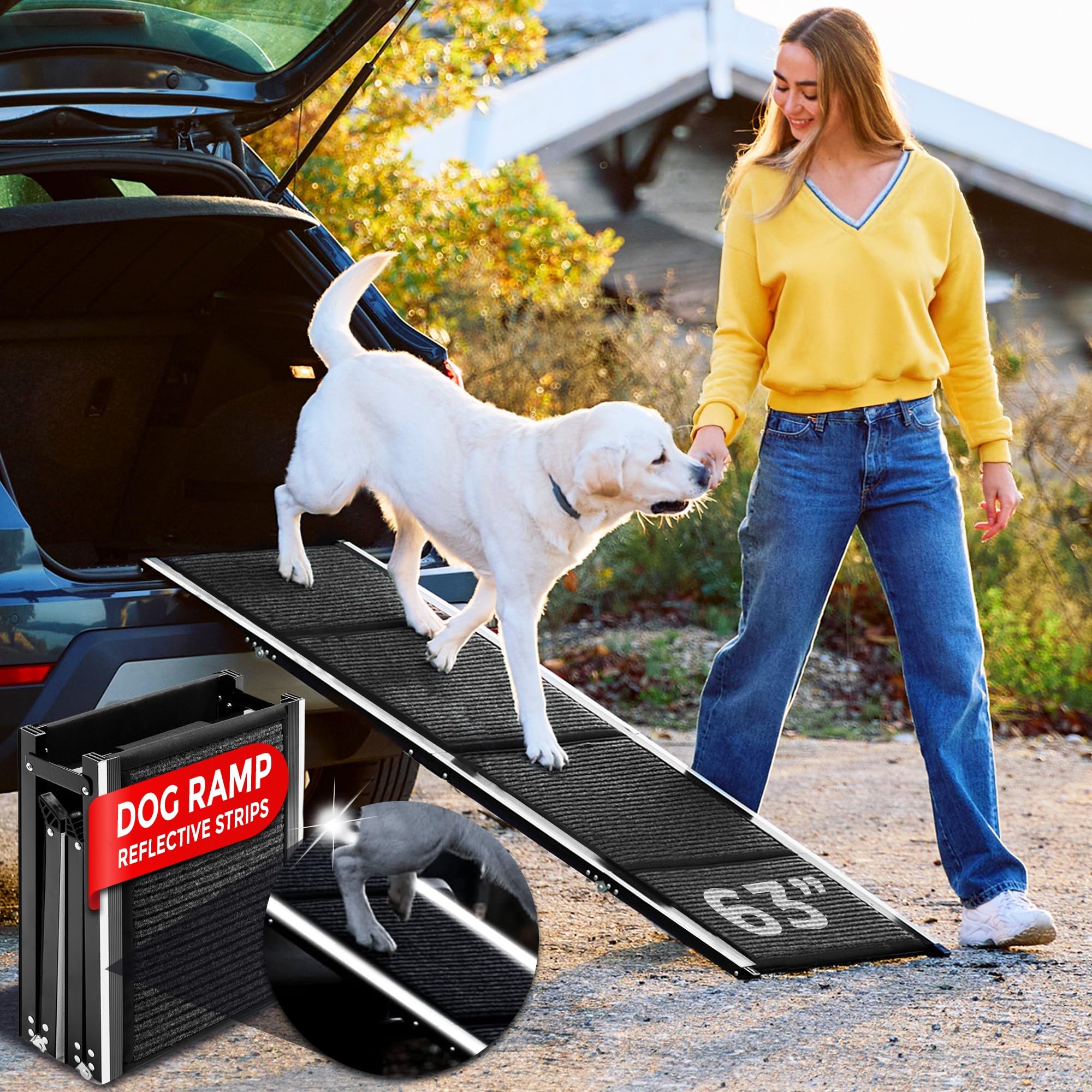 Dog Ramp for Car, SUV & Truck – Wide Folding Ramp for Large Dogs – Non-Slip Rug Surface – Reflective Strips, Portable with Carrying Bag – 63" Long x 17" Wide – Supports up to 200 lbs