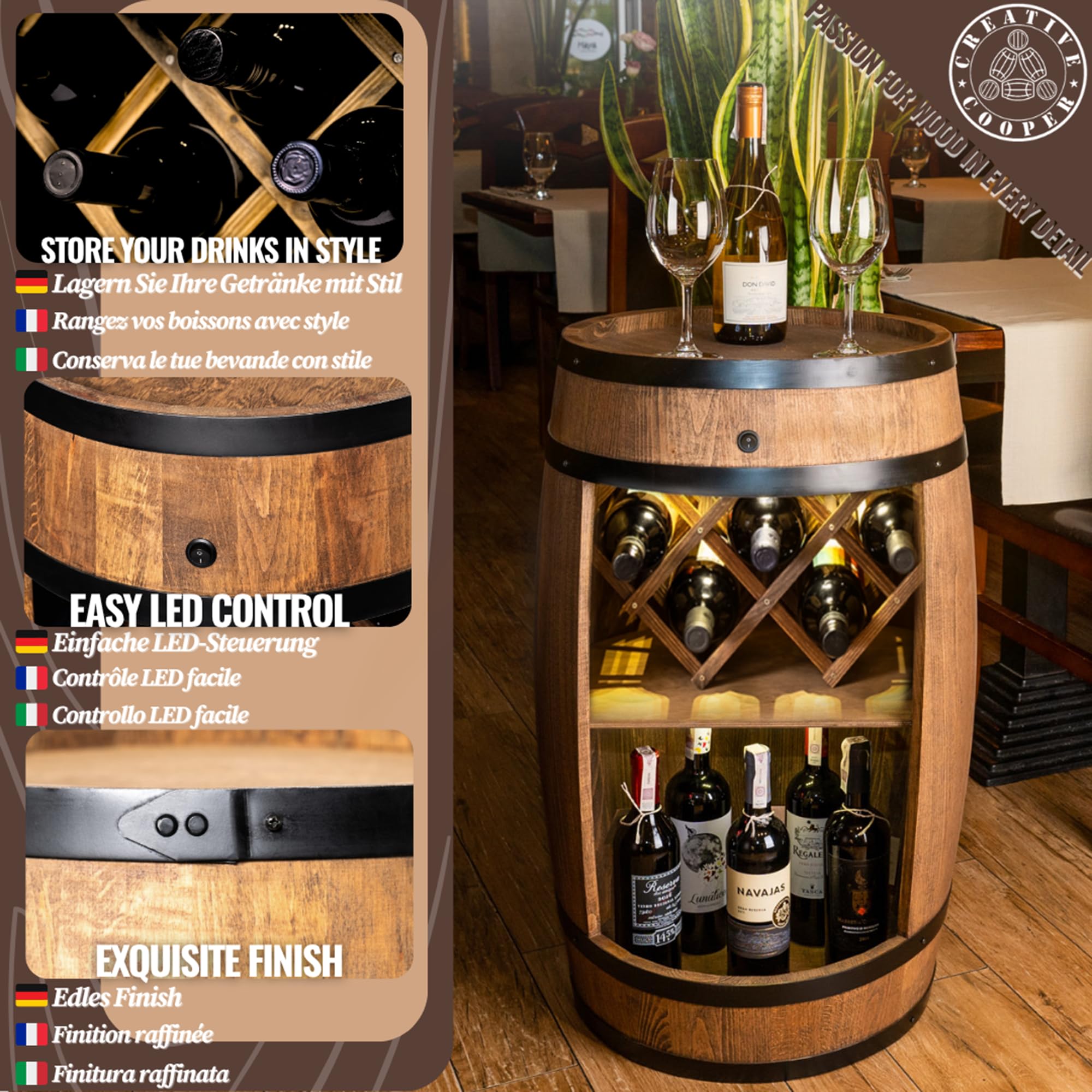 CREATIVE COOPER Baril avec Support à Vin - Casier LED - Tonneau en Bois - Bar de Maison - 80 x 50 cm - Décoration Rustique - Armoire (Marron Foncé)