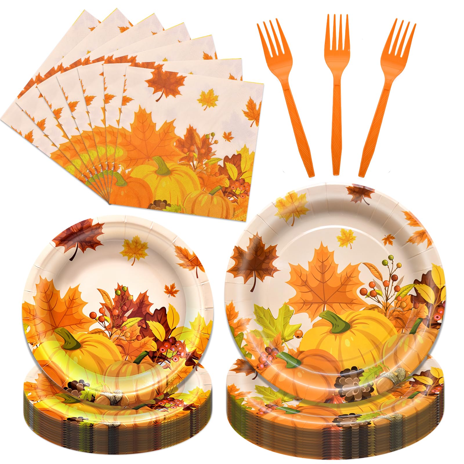96 Pieces Thanksgiving Tableware Set - Fall Harvest Disposable Dinnerware with Plates, Napkins, Forks for Autumn Celebrations, Thanksgiving Day, and Harvest Festival, Serves 24 Guests