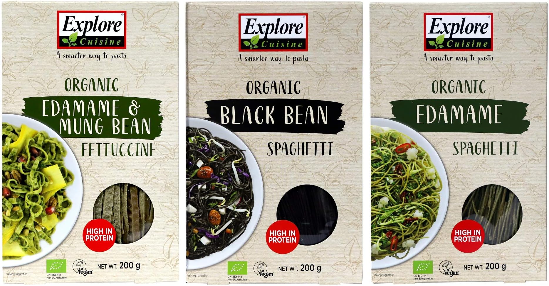Explore Cuisine Organic Black Bean, Edamame Spaghetti and Edamame Mung Bean Fettuccine Pouch, 600 g