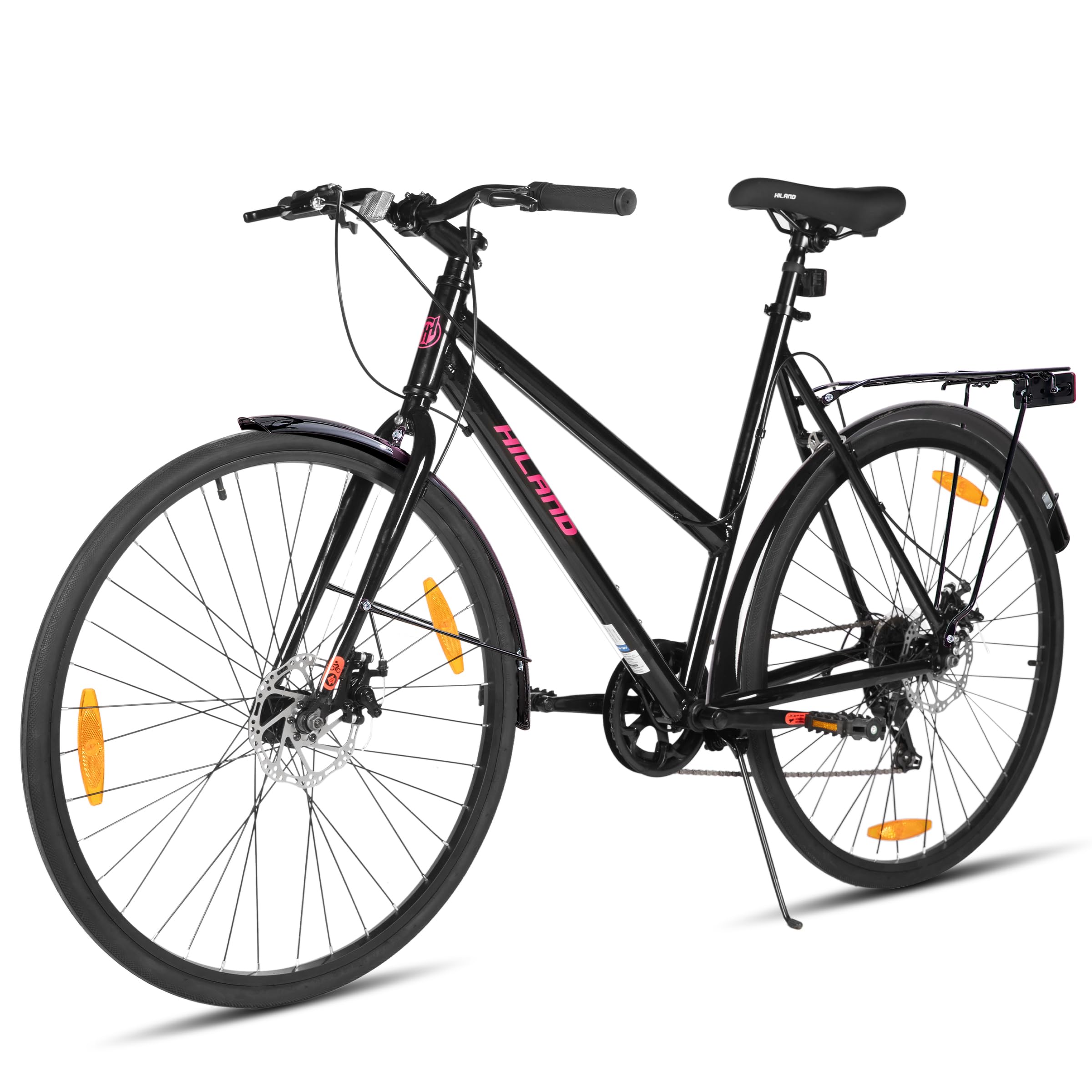 Hiland 700C Bicicleta de Carretera, Bicicleta Urbana de 7 velocidades y 28 Pulgadas, Bicicleta cómoda para Adultos con Frenos de Disco, Unisex, Negro/Azul/Rosa/Blanco