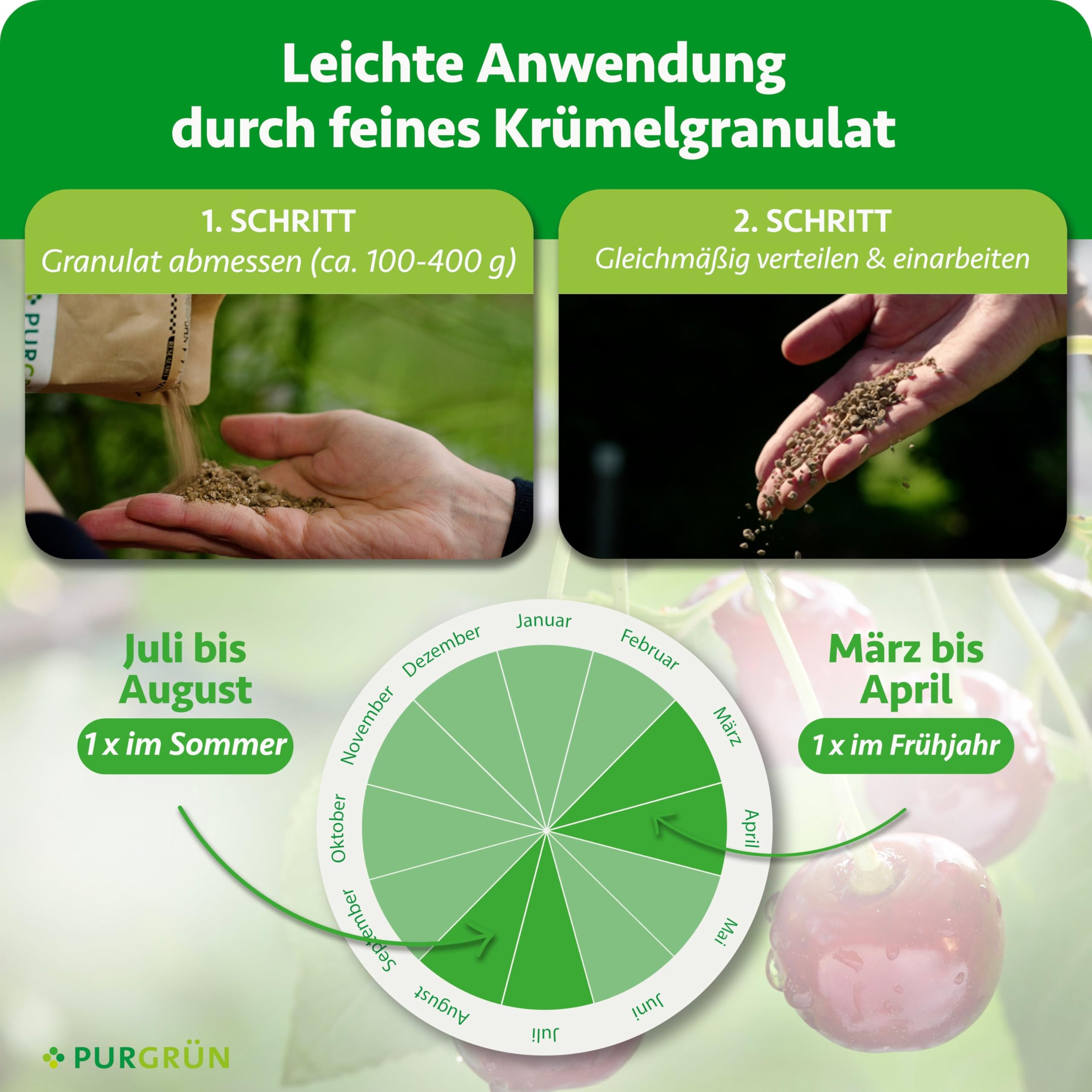 Bio-Kirschbaum-Dünger 1 kg – Organisch-mineralische Rezeptur – Feinkörniges Krümelgranulat – NPK 6+4+5 – Mit Magnesium für saftige, süße Kirschen – Verbessert die Bodenqualität