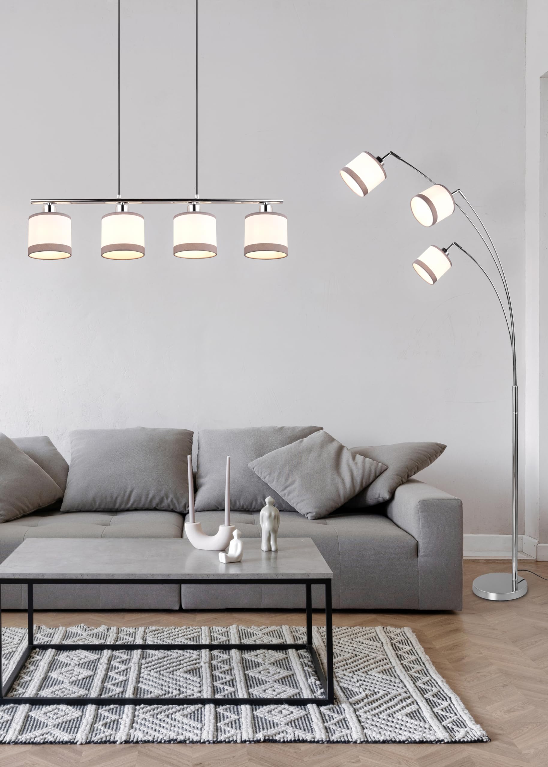 Modern Pendellampe Davis 4-flammig, Höhe anpassbar, Stoffschirm in Weiß, exkl. 4 x E14 max. 10W, Ø 12 cm, Höhe 150 cm, Metall, chrom