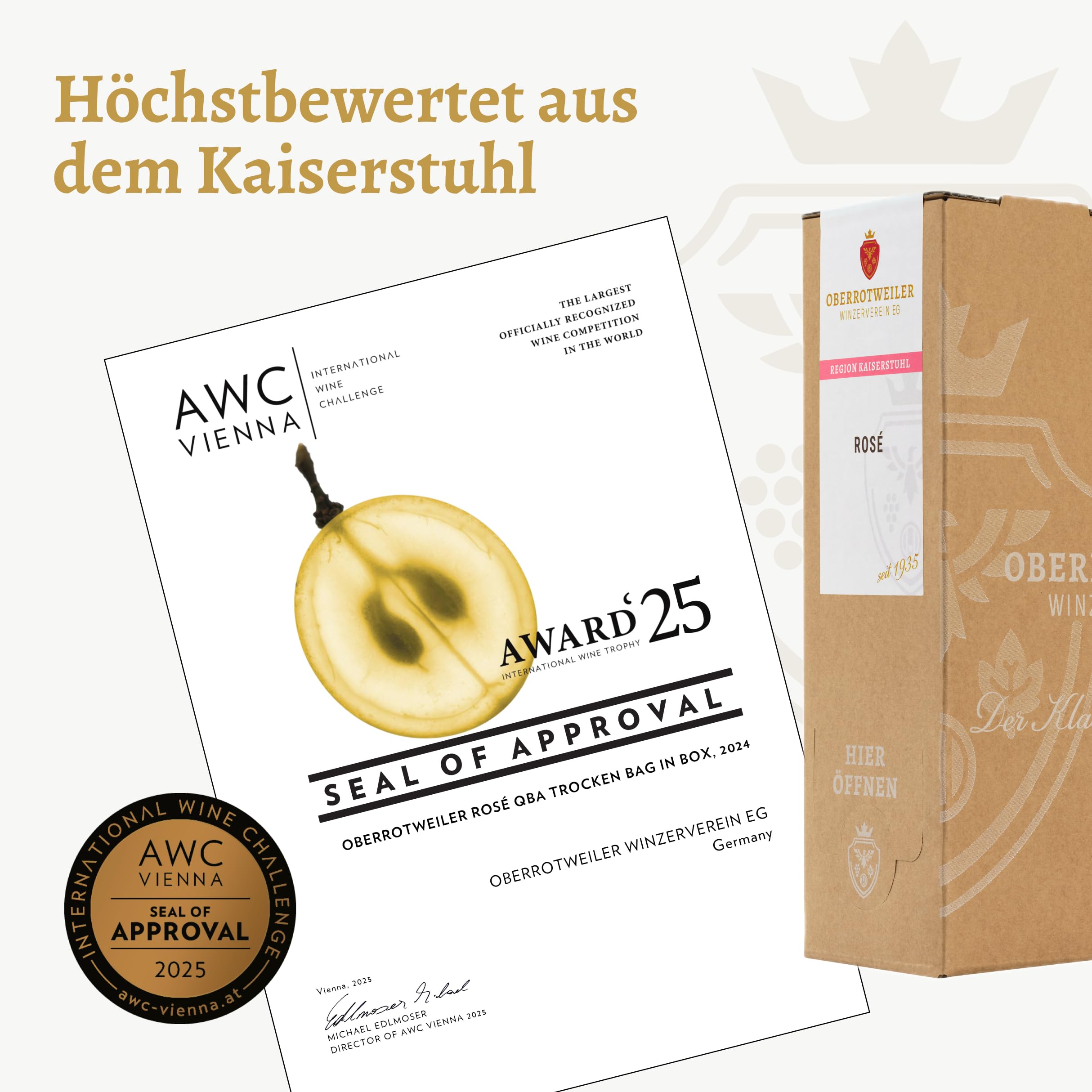 Oberrotweiler Wein-Box Rosé 3 Liter QbA – BRONZE 2026 AWC Vienna – Zarte Fruchtaromen nach Pfirsich, Apfel und Zitrusfrüchten – Badischer Wein, Anbaugebiet Baden (1 x 3,0 l Bag-in-Box)
