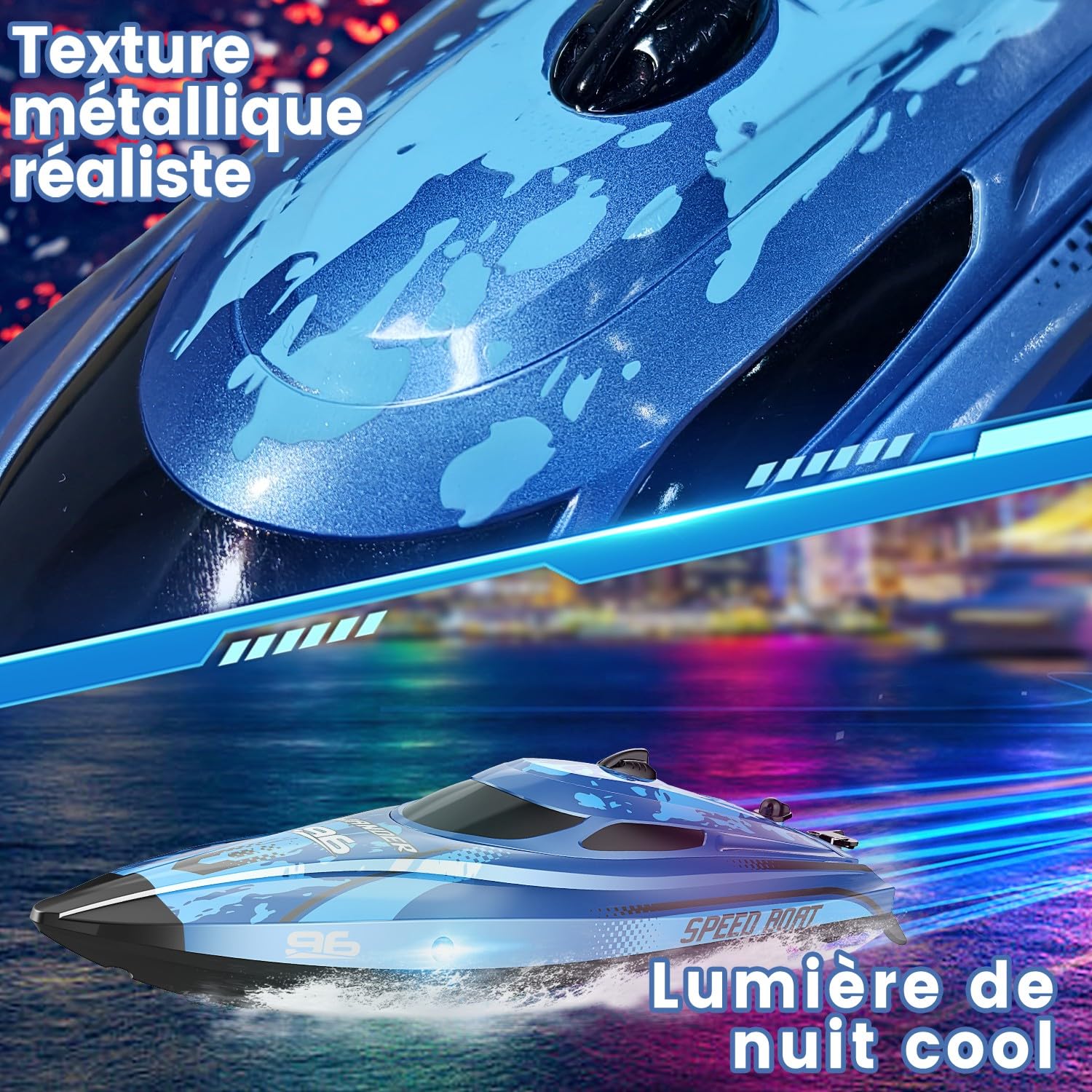 25 KM/H Bateau Télécommandé avec Lumière LED, 2,4 GHz Bateau Telecommandé Enfant, Bateaux Telecommande avec 2 Batteries pour 40 Minutes de Temps de Jeu, Cadeaux d'été pour Garçons et Filles (Bleu)