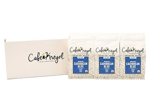 Cafe Kreyol Organic Caribbean Blue  Paquete de 3 unidades de 12 onzas  Café de tostado ligero azul haitiano  Café de grano entero, alto contenido de