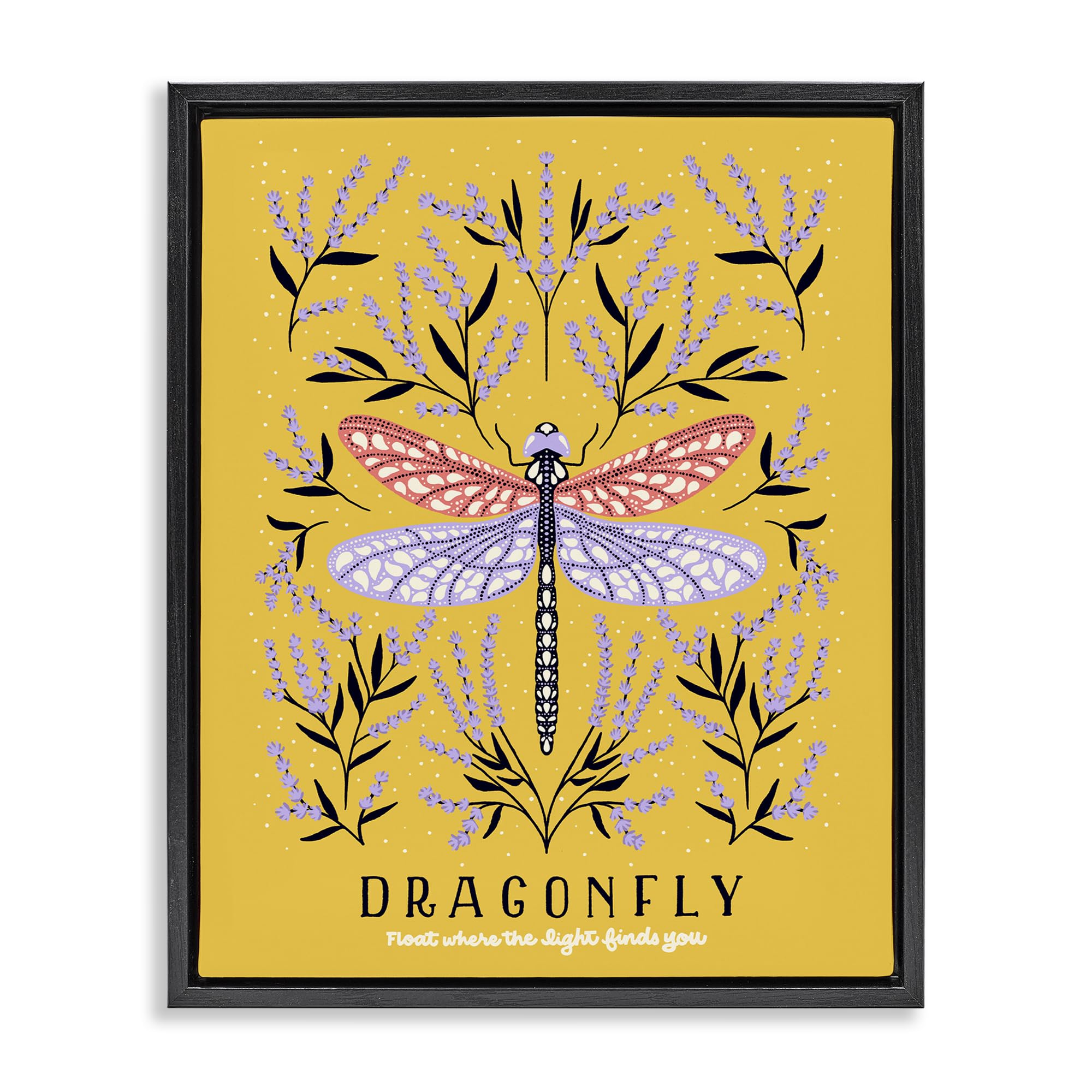 Stupell Industries 'Dragonfly Symmetry on Yellow', Floating Frame Canvas Art, Black, 25 x 31 Inches, Easy to Hang and Sturdy, Made in USA, by Indira Prieto | IndySign