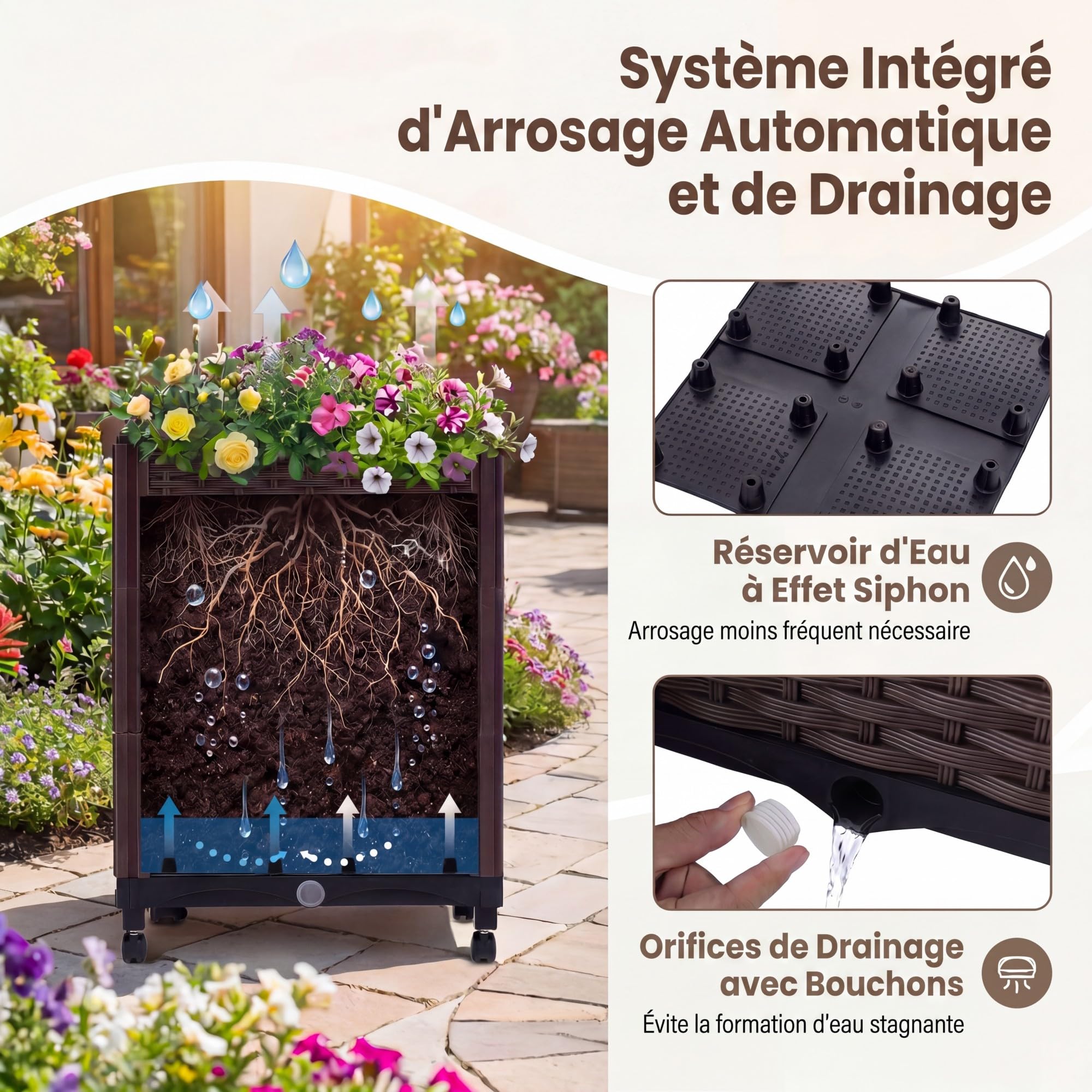 GOPLUS Arche de Jardin avec 2 Jardinères Surélevées, Roues Verrouillables, Arche Rosier avec Treillis Arqué, Auto-Arrosage pour Plantes Grimpantes, Fleurs, Herbes, Légumes, Fruits (203x40x232CM)