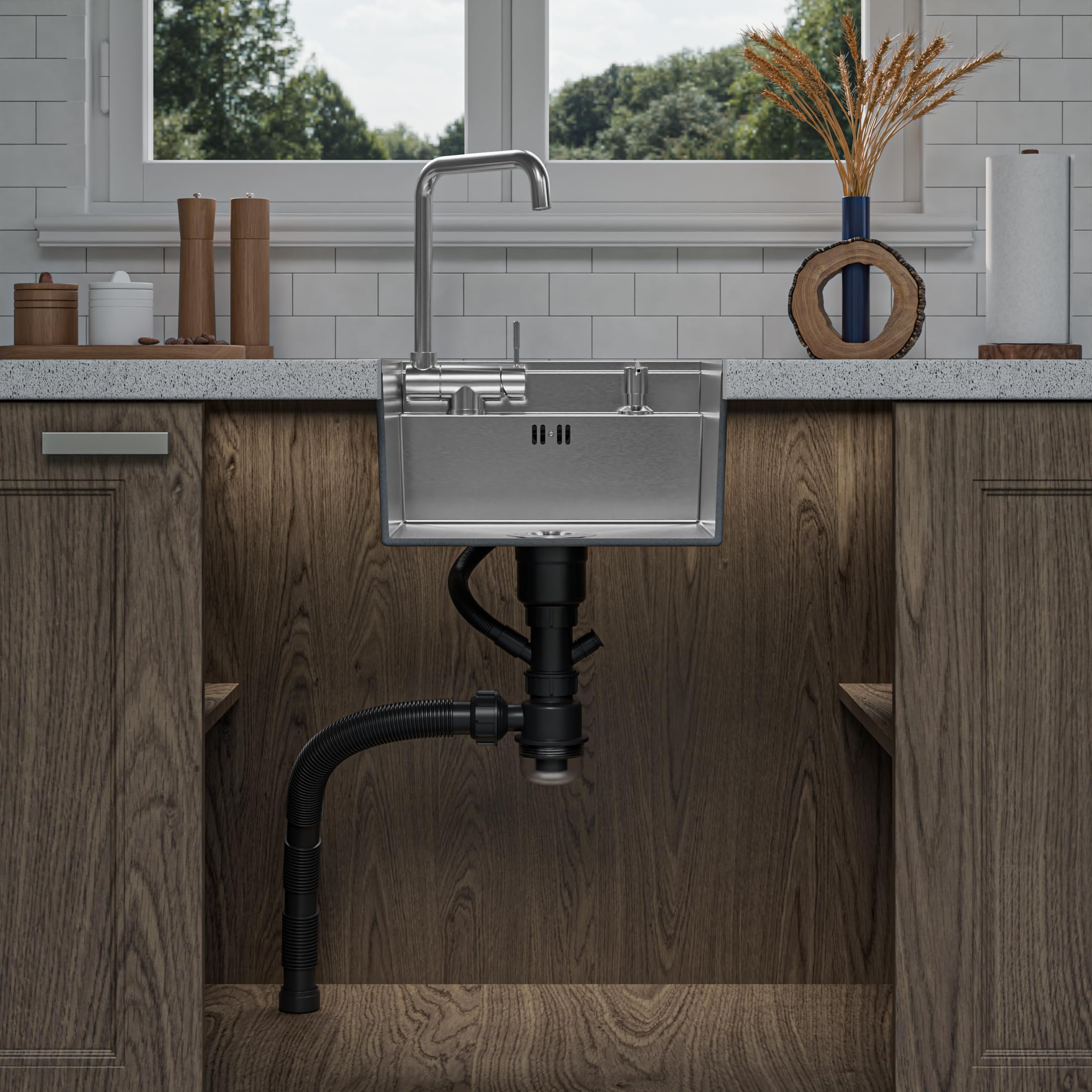 ANW HOME Fregadero Cocina 1 Seno 40x50 cm, Acero Inoxidable 304 | Sobre Encimera, Acabado Satinado, Grosor 3,0/1 mm, Con Sifón, Dosificador, Grifo, Tapa