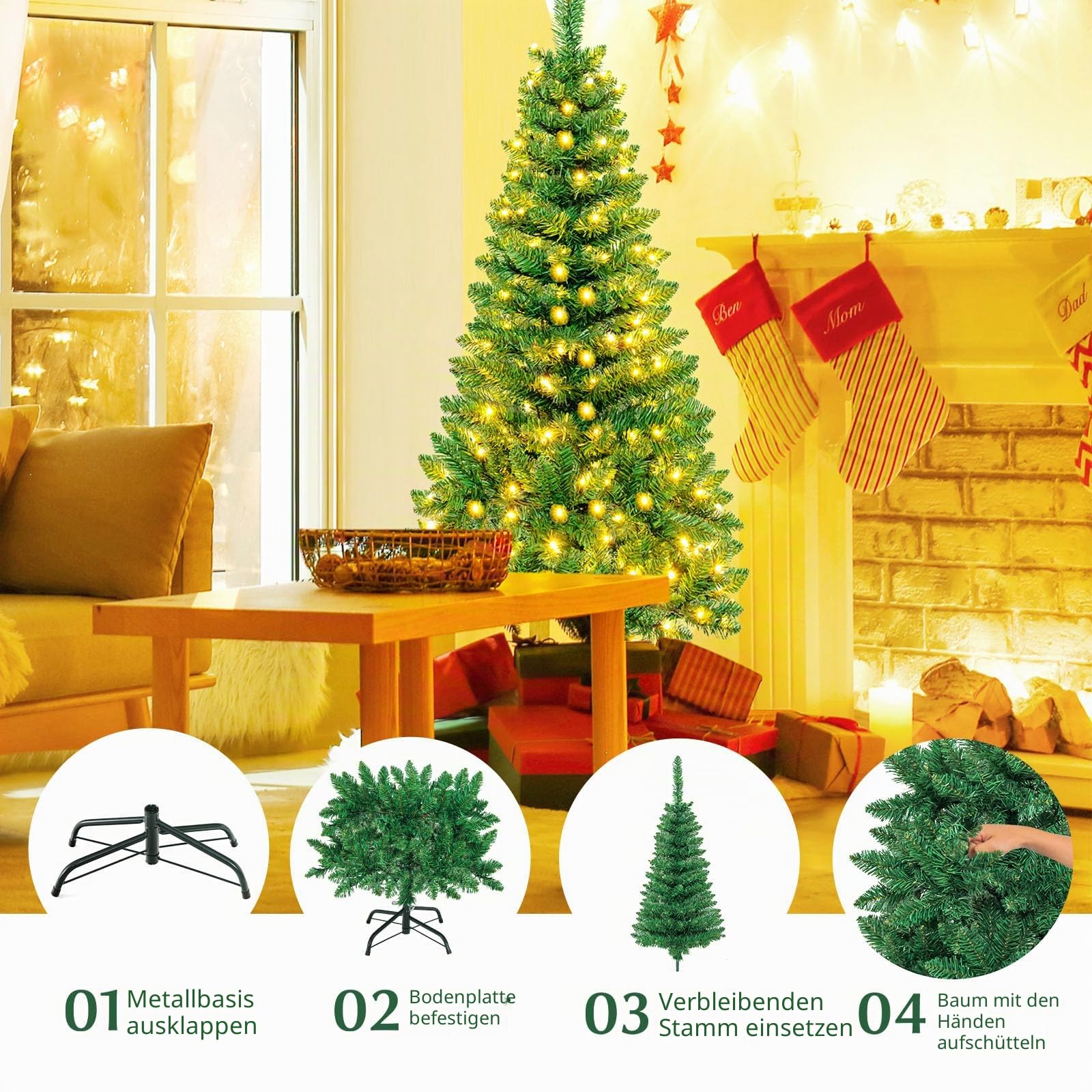 LIFEZEAL Bleistift Weihnachtsbaum, Künstlicher Tannenbaum mit warmweißen LED-Leuchten, Christbaum PVC Nadeln, Kunstbaum mit Klappsystem & Metallständer, Grün (200cm)