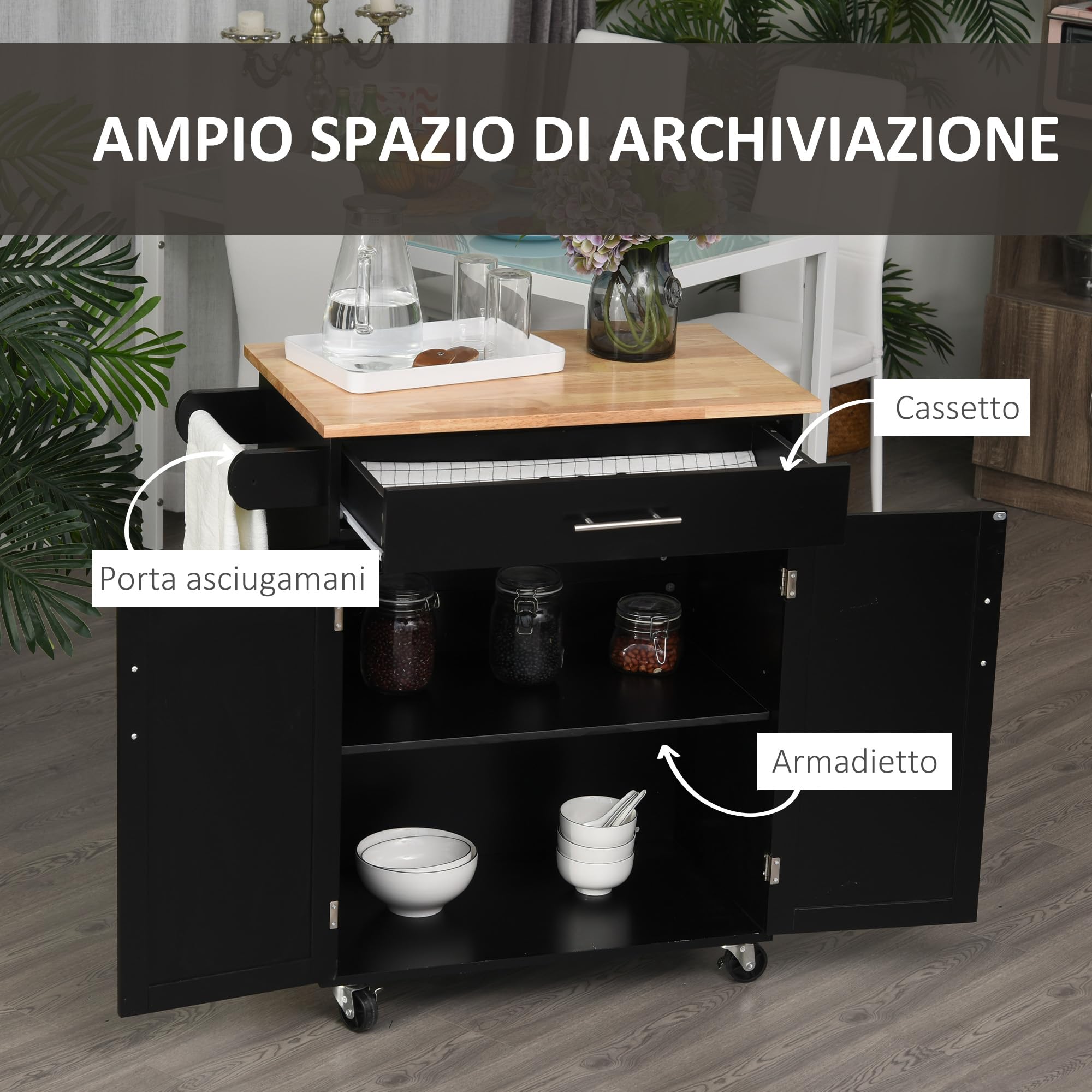 HOMCOM Carrello da Cucina con Cassetto e Armadietto 2 Ante, Isola Cucina con Ruote e Barra Laterale per Asciugamani, 83x45x91.5cm, Nero