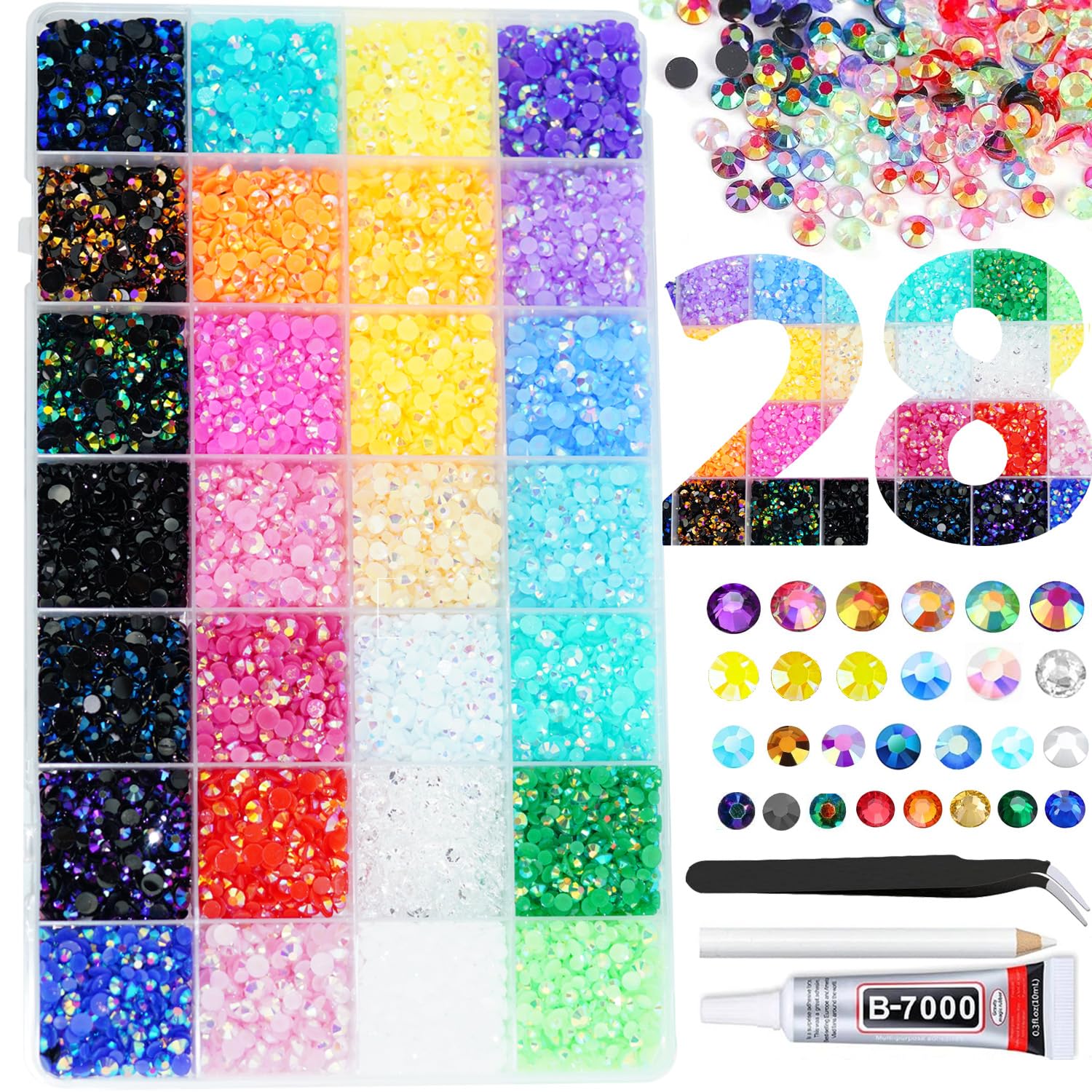 22000PCS Resin Rhinestones for Crafting, 28 Multicolor Mixed 3mm 4mm 5mm Non-Hotfix Stones, Bulk Colorful Jelly AB Bedazzling Gems with B7000 Glue for