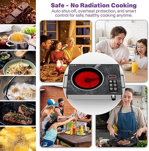 Miniatura 7 de Estufa eléctrica portátil de 1800 W, placa de cerámica de un solo quemador con control táctil y perilla, placa de cocina de vidrio de mármol con