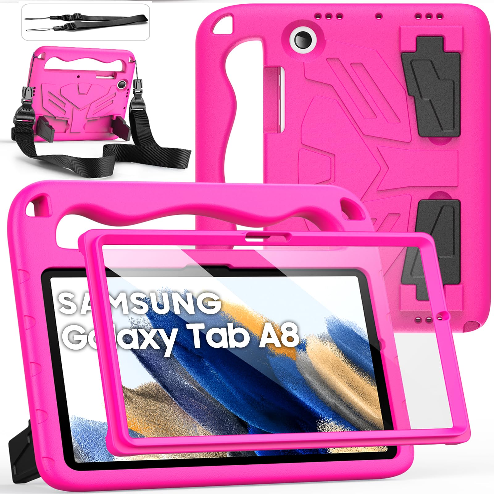 Funda Niños para Samsung Galaxy Tab A8 10,5 Pulgadas (SM-X200/X205/X207) con Protector de Pantalla Incorporado, Asa Infantil y Correa de Hombro, Funda Infantil Antichoque, Magenta