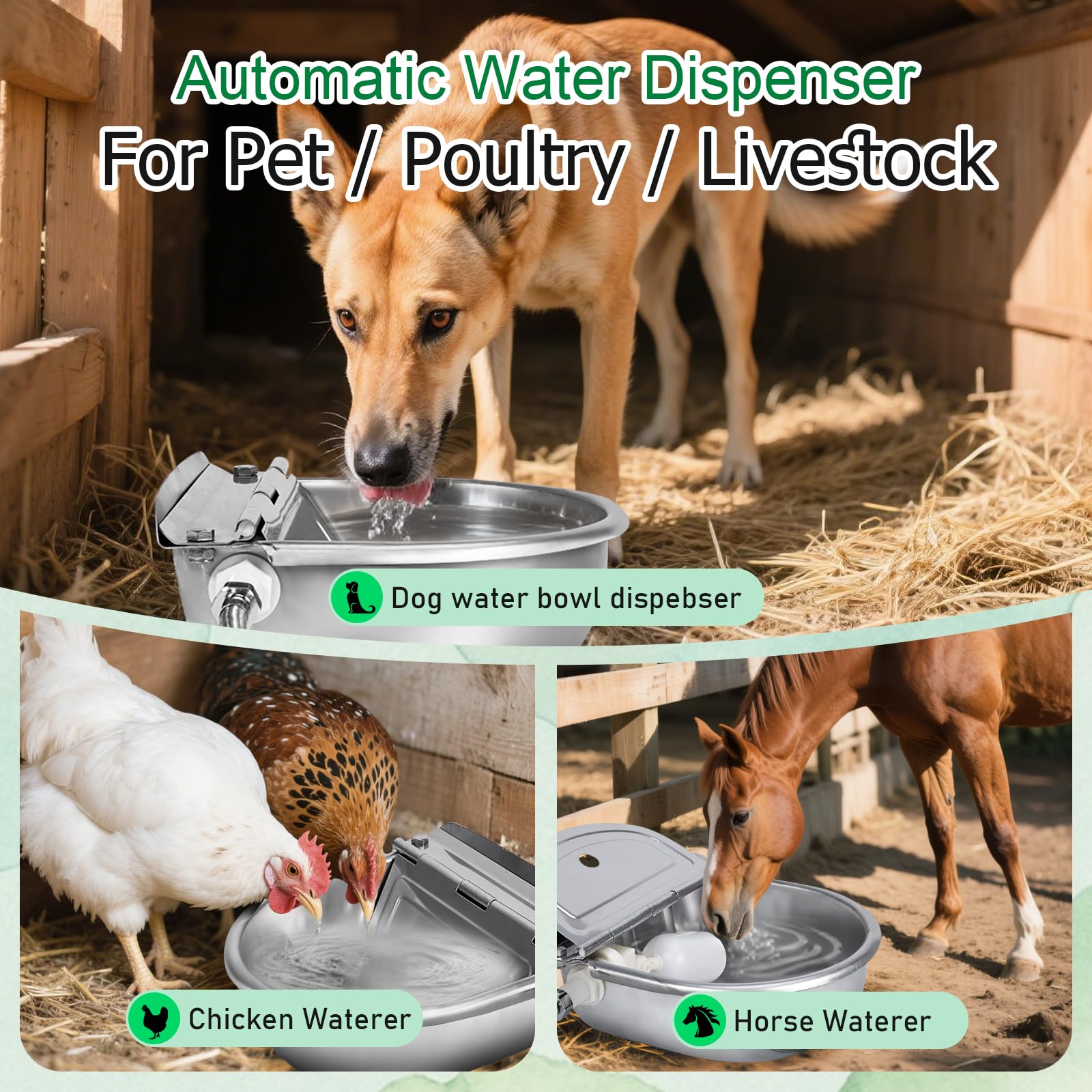 Automatischer Wasserspender für Hunde, Edelstahl-Wassernapfspender, automatischer Nachfüll-Wasserspender für Hühner, Pferde, Ziegen, Vieh, Rohr und Messingventil, 1,27 cm auf 1,9 cm