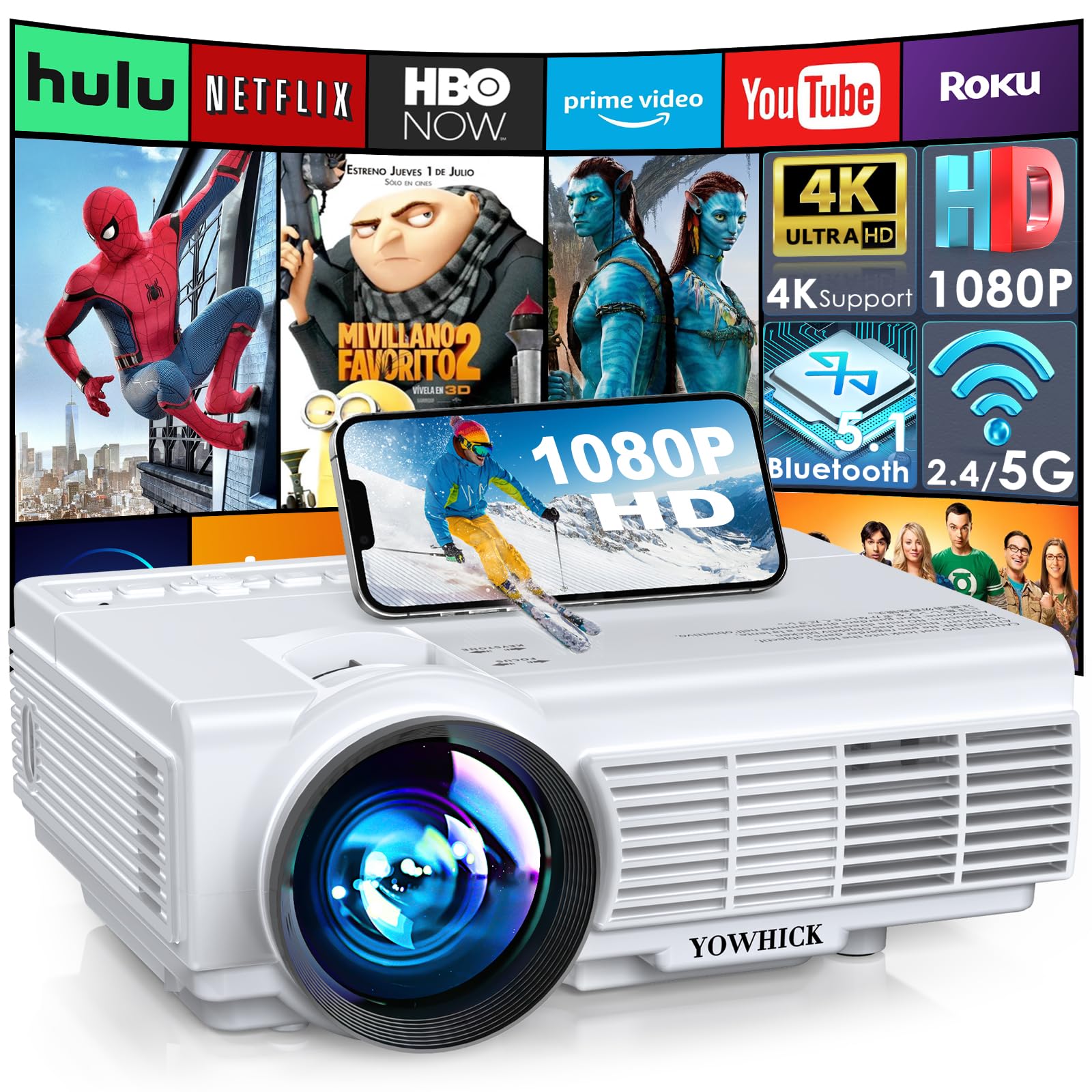 Projector with WiFi and Bluetooth, Outdoor Portable Mini Movie Projector by YOWHICK with 5G WiFi, Native 1080P 9500L and 4K Support for HDMI, VGA, USB, Laptop, iOS & Android Phone