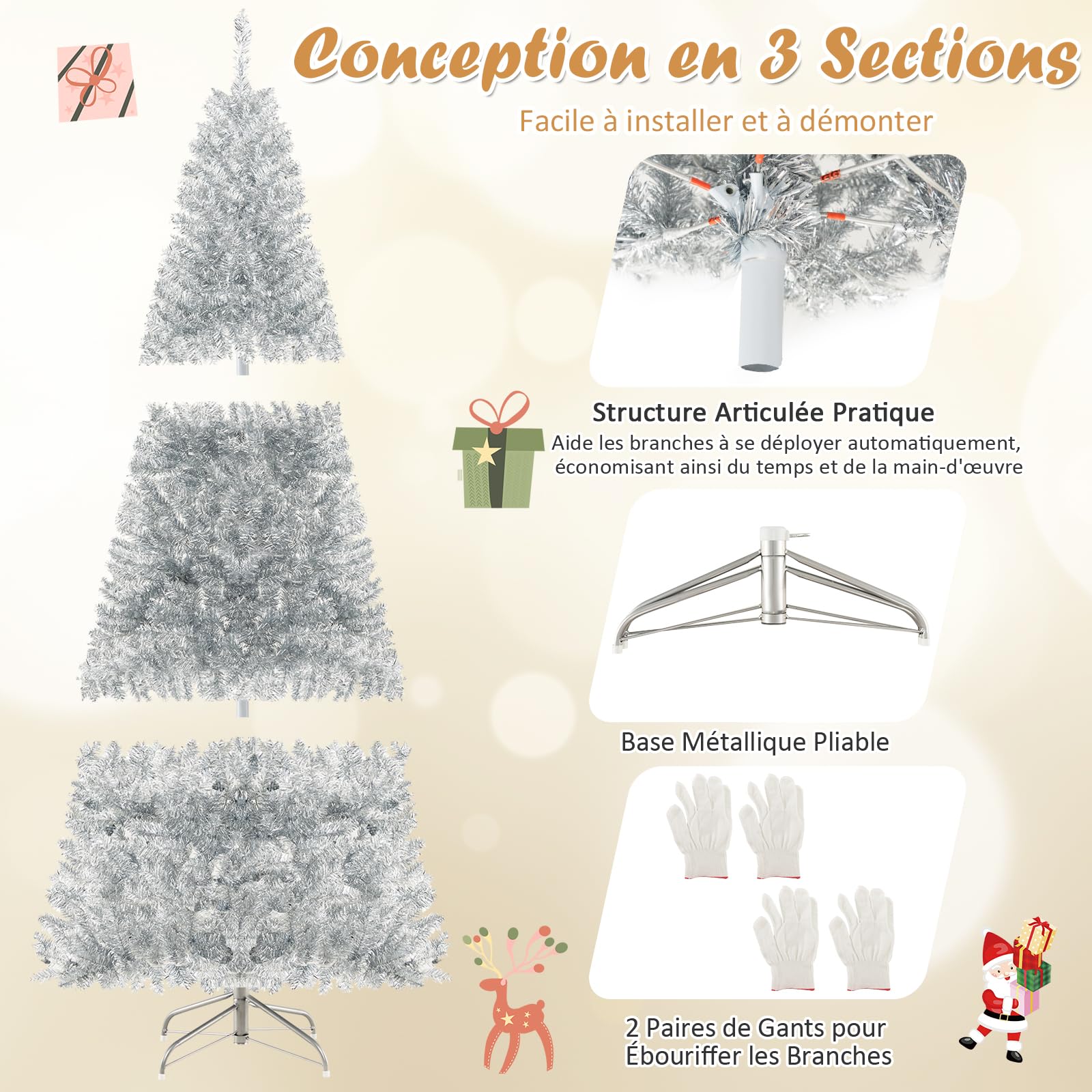 COSTWAY Sapin de Noël Artificiel Argenté Pré-éclairé de 180 cm, 790 Pointes de Branches, 300 Lumières LED Blanc Chaud, Support en Métal Pliable, Charnière, pour Bureau, Maison