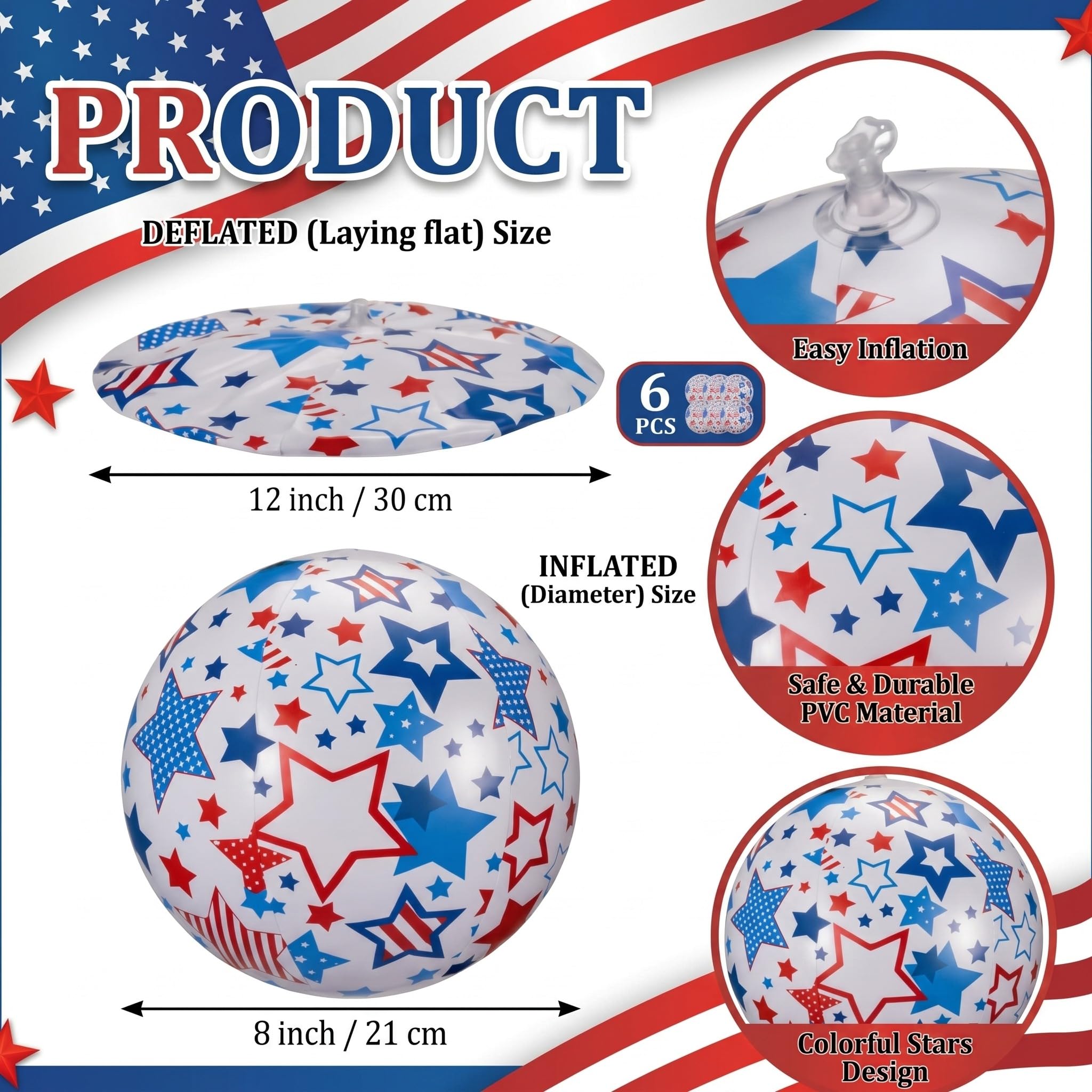 Foilswirl Lot de 6 balles de plage lumineuses pour le 4 juillet - 30,5 cm - Ballons de plage géants gonflables - Rouge, blanc et bleu - Pour adultes - 250e anniversaire de mariage - Pour l'été, la