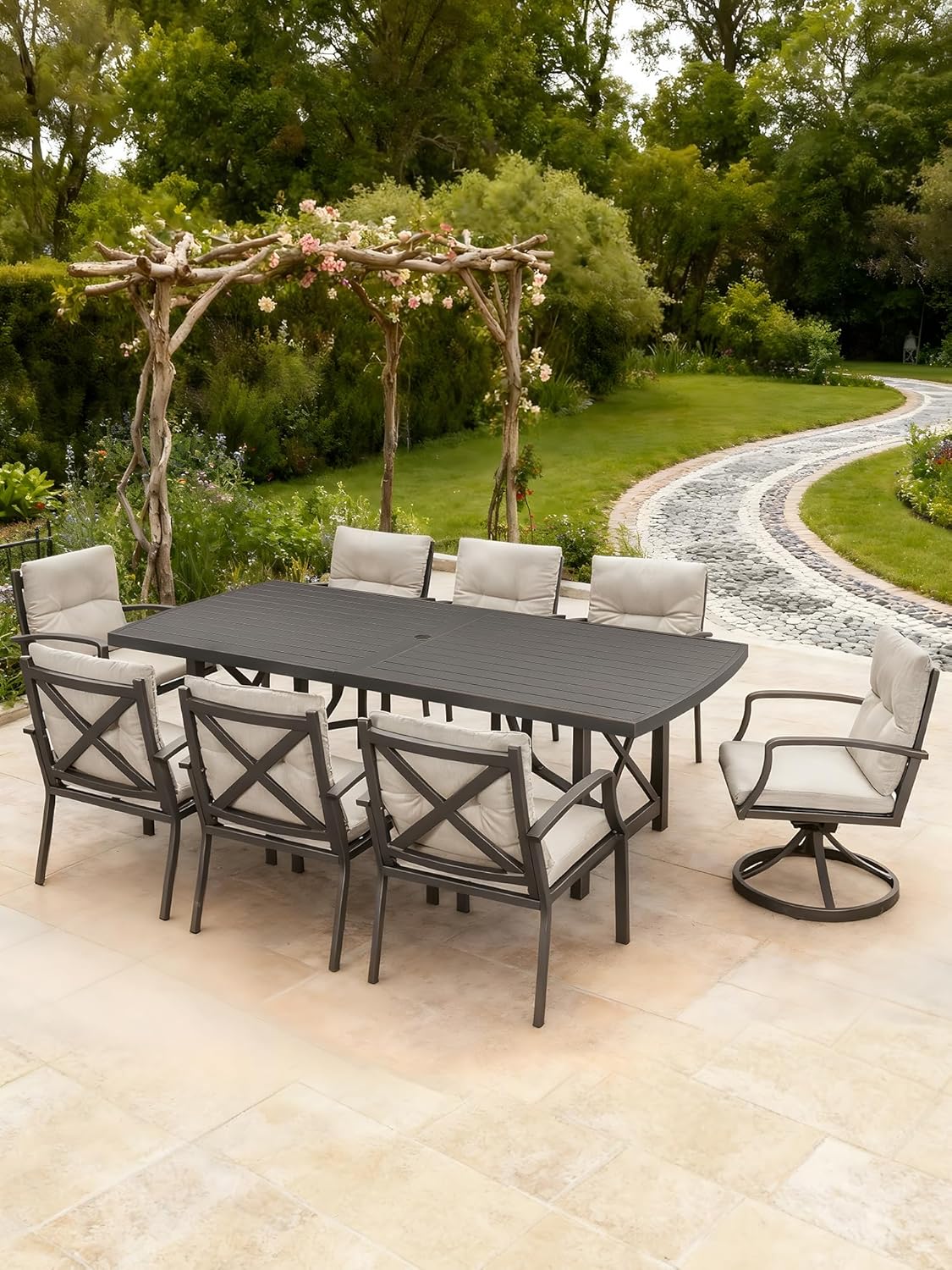 9 Pieces Outdoor Dining Set, Aluminum Patio Dining Set for 8, Patio Table and Chairs Set with 2 Swivel Rocker Chairs, Patio Furniture Set with Umbrella Hole for Decks, Garden, Lawn, Gunmetal