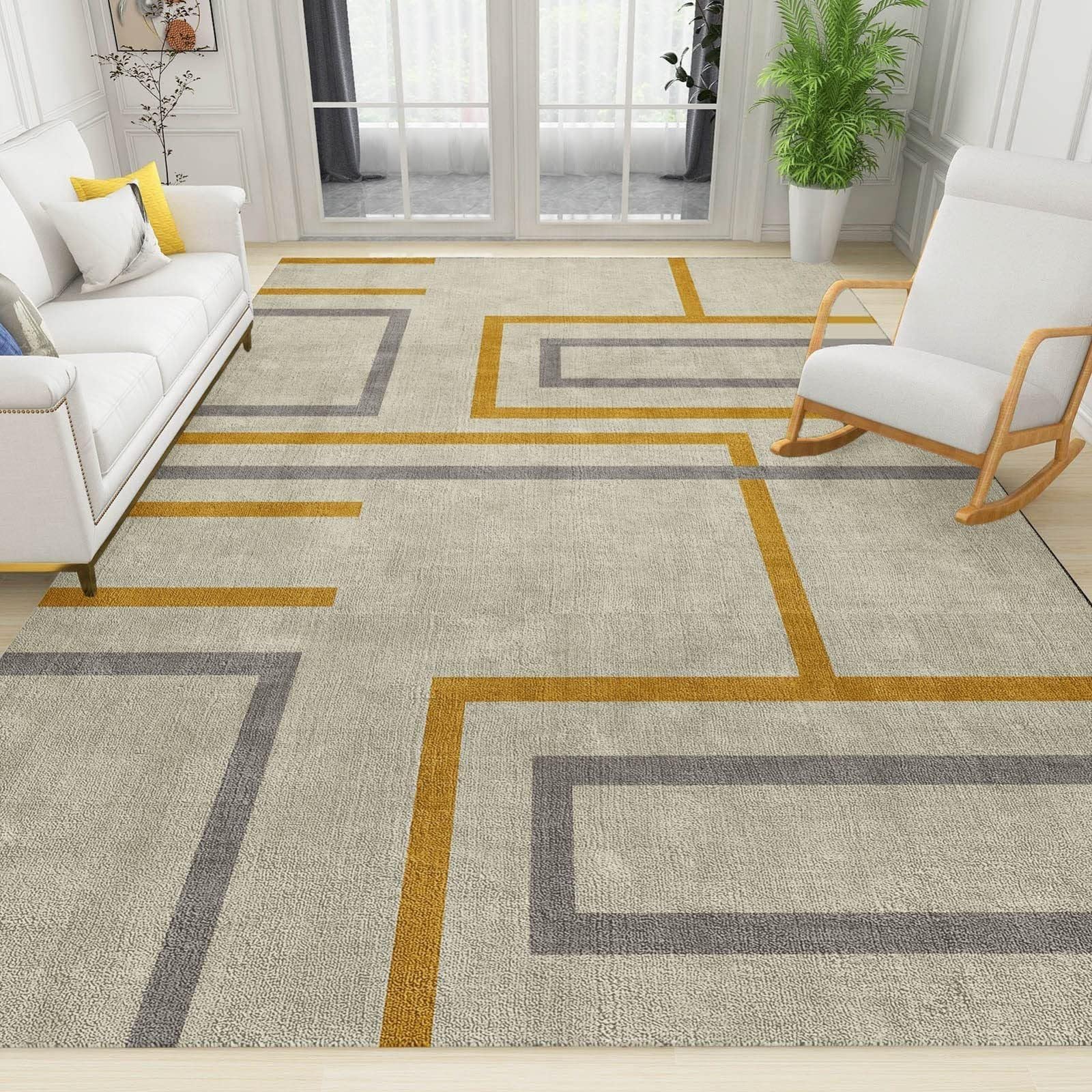Modern Minimalist Geometry Area Rug, Gray Yellow Lines Indoor Non Slip Washable Rugs, Breathable Durable Carpet for Living Room Bedroom Kitchen Dining Room Home Office - 2 ft x 6 ft
