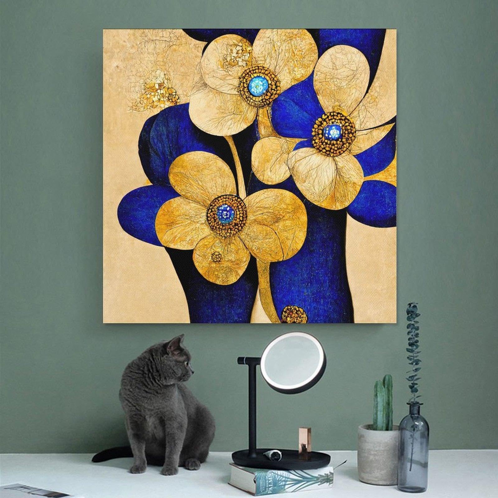 HNKDKJ Blaue und goldene Blumen, Landhaus-Bilder, rustikales Blumengemälde, gerahmte Leinwand, Kunstwerk für Esszimmer und Restaurant, 66 x 66 cm/26 x 26 Zoll – Innenrahmen