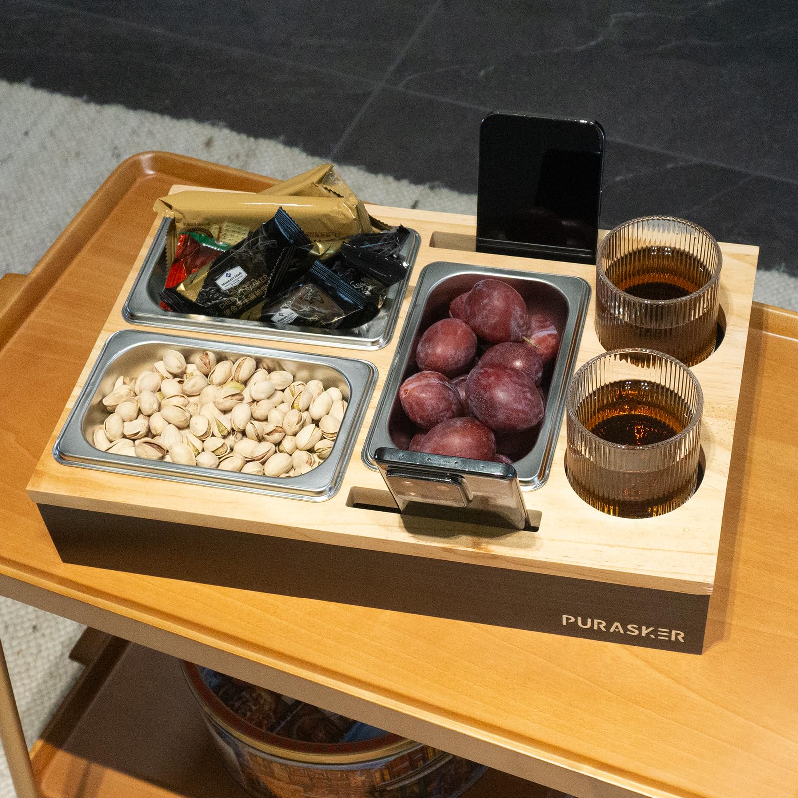 Couchbar Snackbox mit Getränkehalter, Sofatablett Snackschale mit 3 Fächern Holz Snackspender Robust und Umweltfreundlich (Packung mit 2)