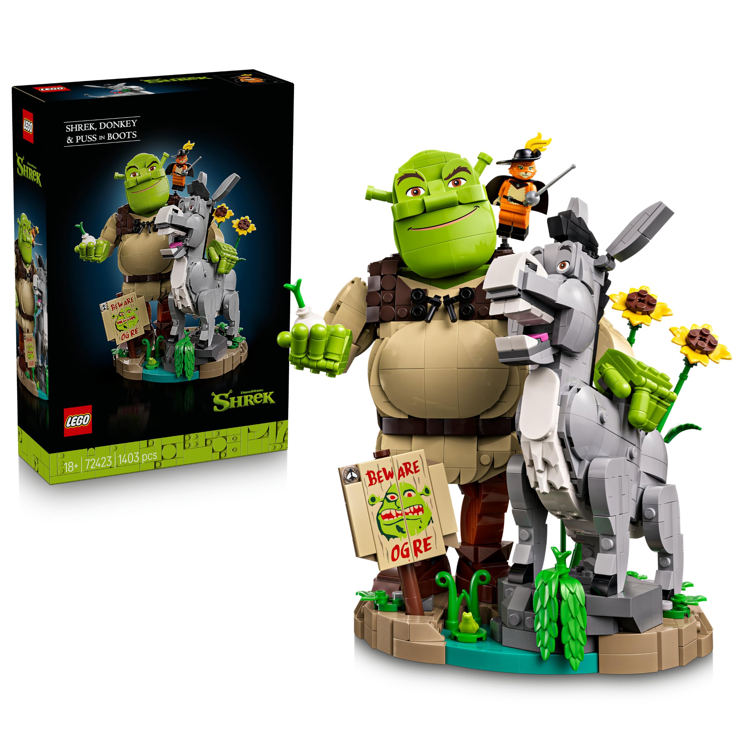 LEGO Shrek, Donkey & Puss in Boots - Movie Memorabilia Model Kit for Adults - Display Set w/ 3 Figures for Shelf or Desk Decor - Nostalgic Gift Idea for Fans - 72423