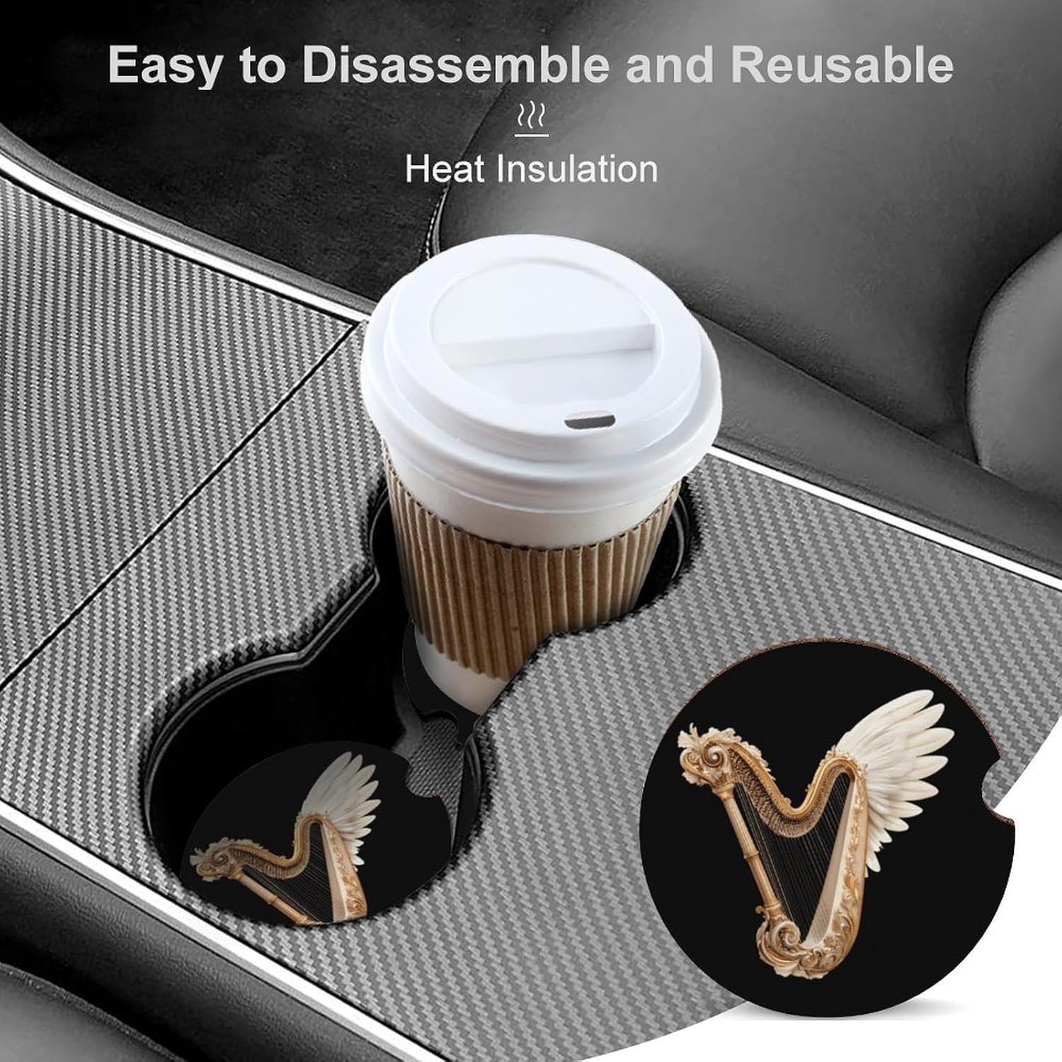 Harp with Wings Cute Car Coasters 2.56 Inch Absorbent Cup Holder for Drinks Auto Interior Accessories