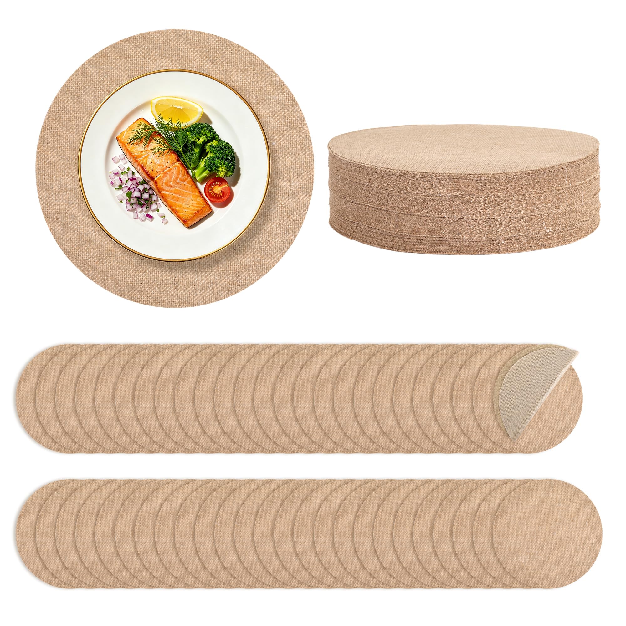 Photo 1 of 100 Pieces 13.78 Inch Burlap Round Placemats Reusable Rustic Jute Table Mat