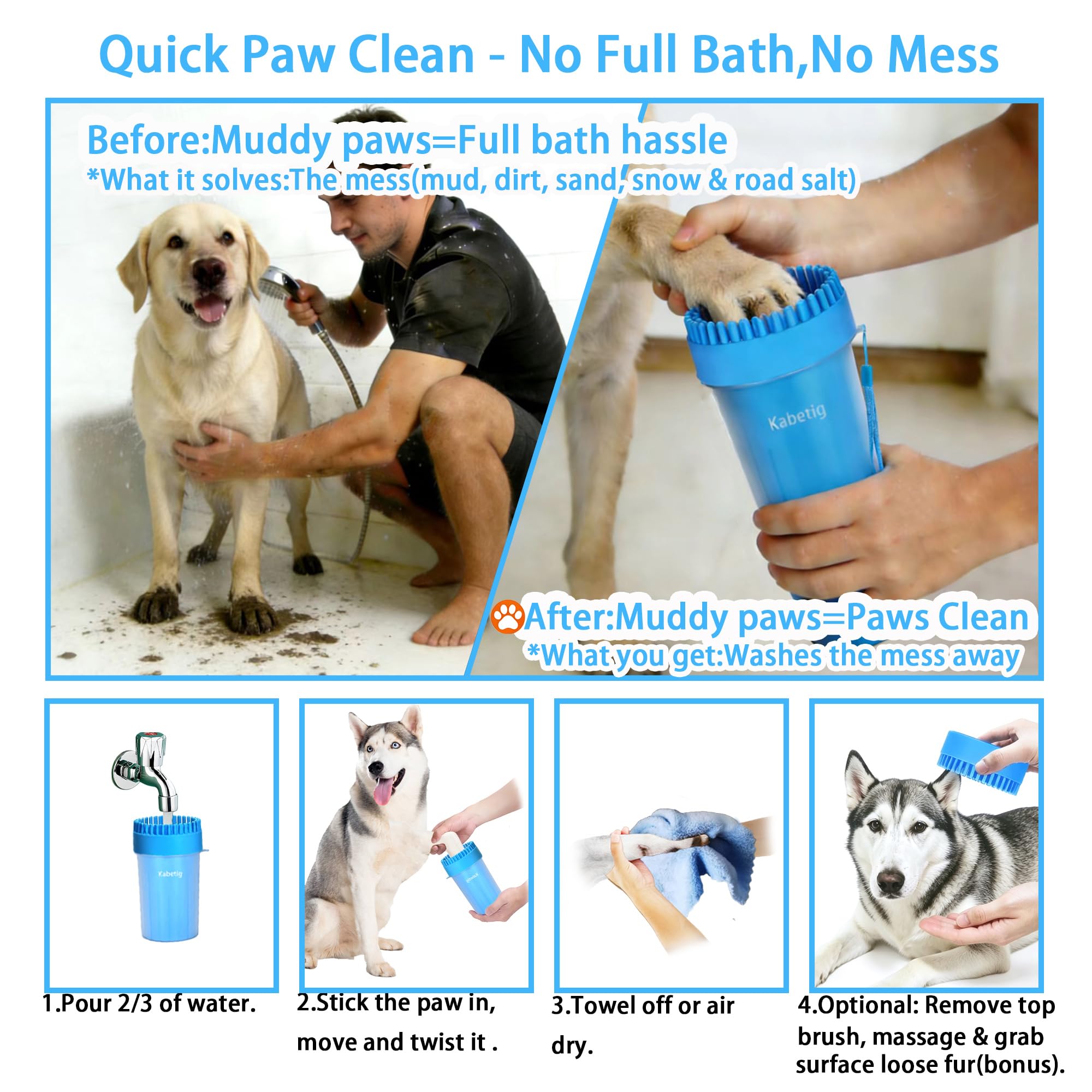 Limpiador de patas de perro con 3 toallas y cepillo de baño para perros mediano/extragrande