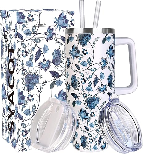 SYACOT 40 oz Tumbler with Handle and Straw Stainless Steel Insulated Tumbler Leak Proof Lid and Straw Lid Reusable Travel Mug Coffee Mug Cup