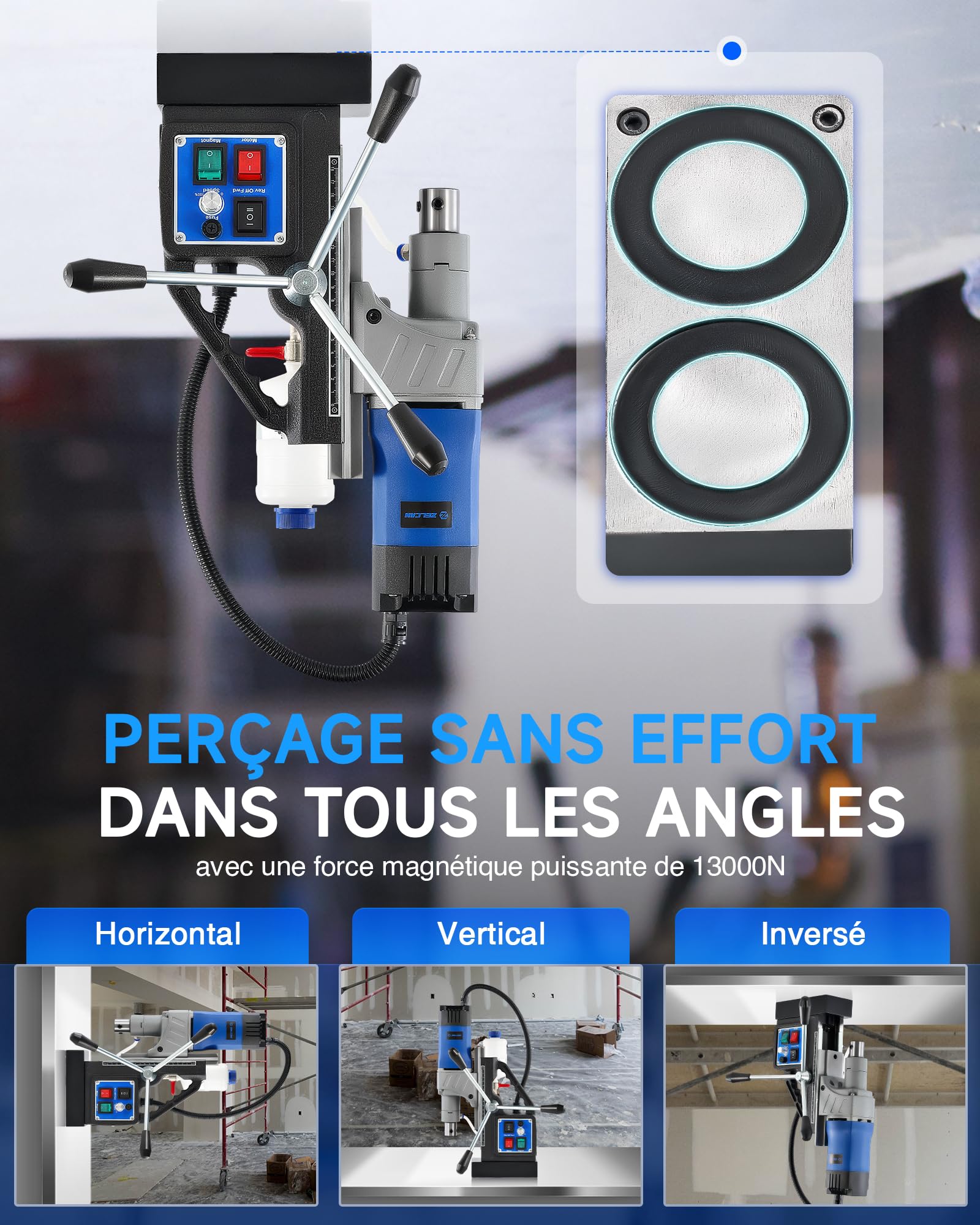 ZELCAN Perceuse Magnétique avec 11 Forets Perceuse à Colonne Électrique Portable 1550W 13000N 580 tr/min Max. Diamètre d'Alésage 50mm Max. Profondeur d'Alésage 50mm