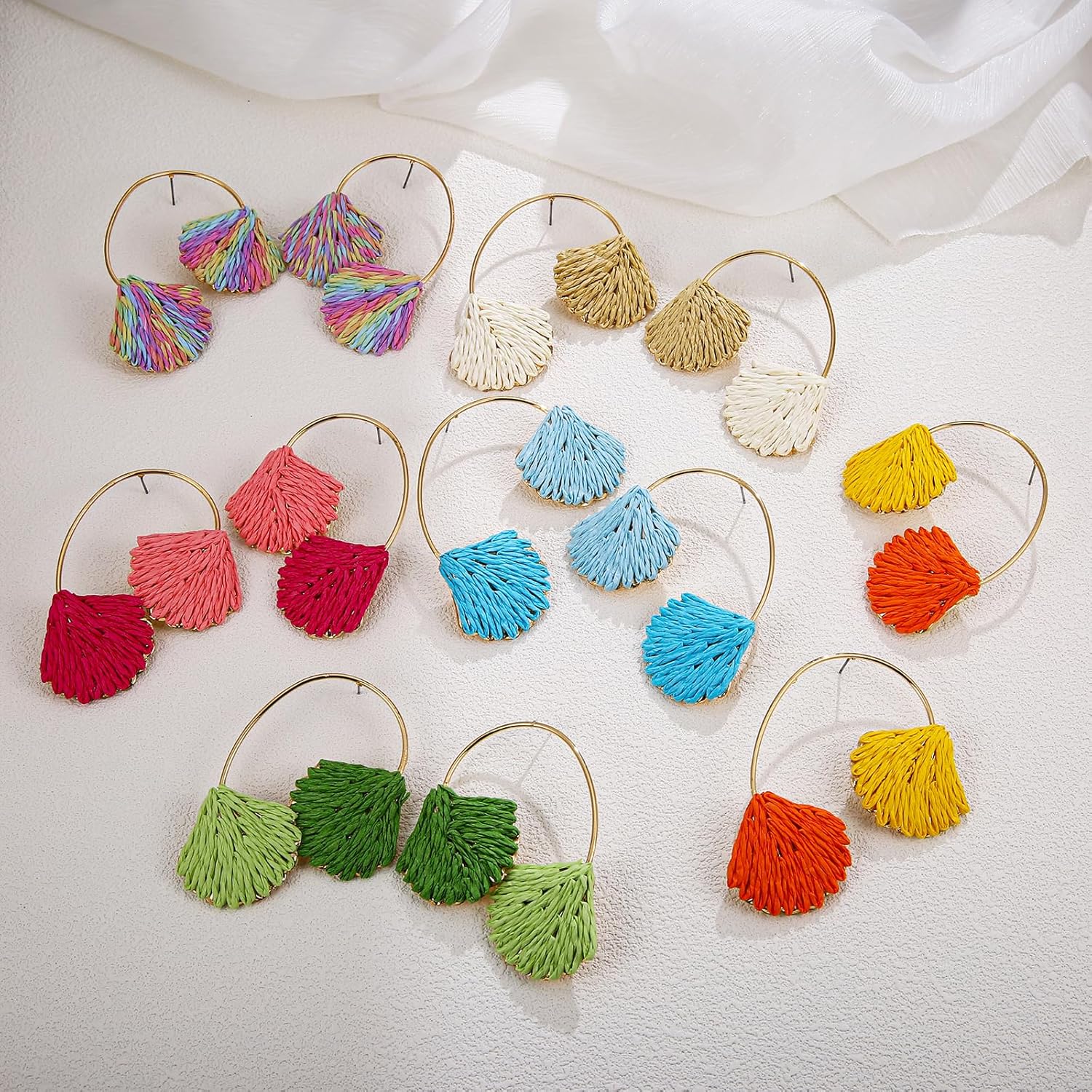 Raffia Shell Earrings for Women, Colorful Dangle Tropical Boho Beach Earrings, Lightweight Straw Handmade Jewelry for Vacation - Image 6