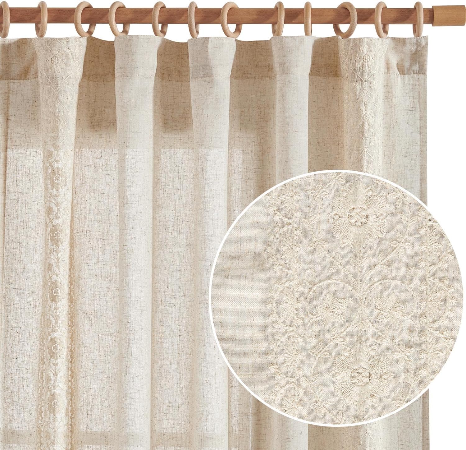 Vangao Leinenoptik Gardinen 140B x 145Hcm 2er Set Boho Stickerei Beige | Blumen Muster Vintage Vorhänge Kurz mit Verdeckten Schlaufen, Lichtdurchlässig, Wohnzimmer Schlafzimmer Küche Fenster Natur
