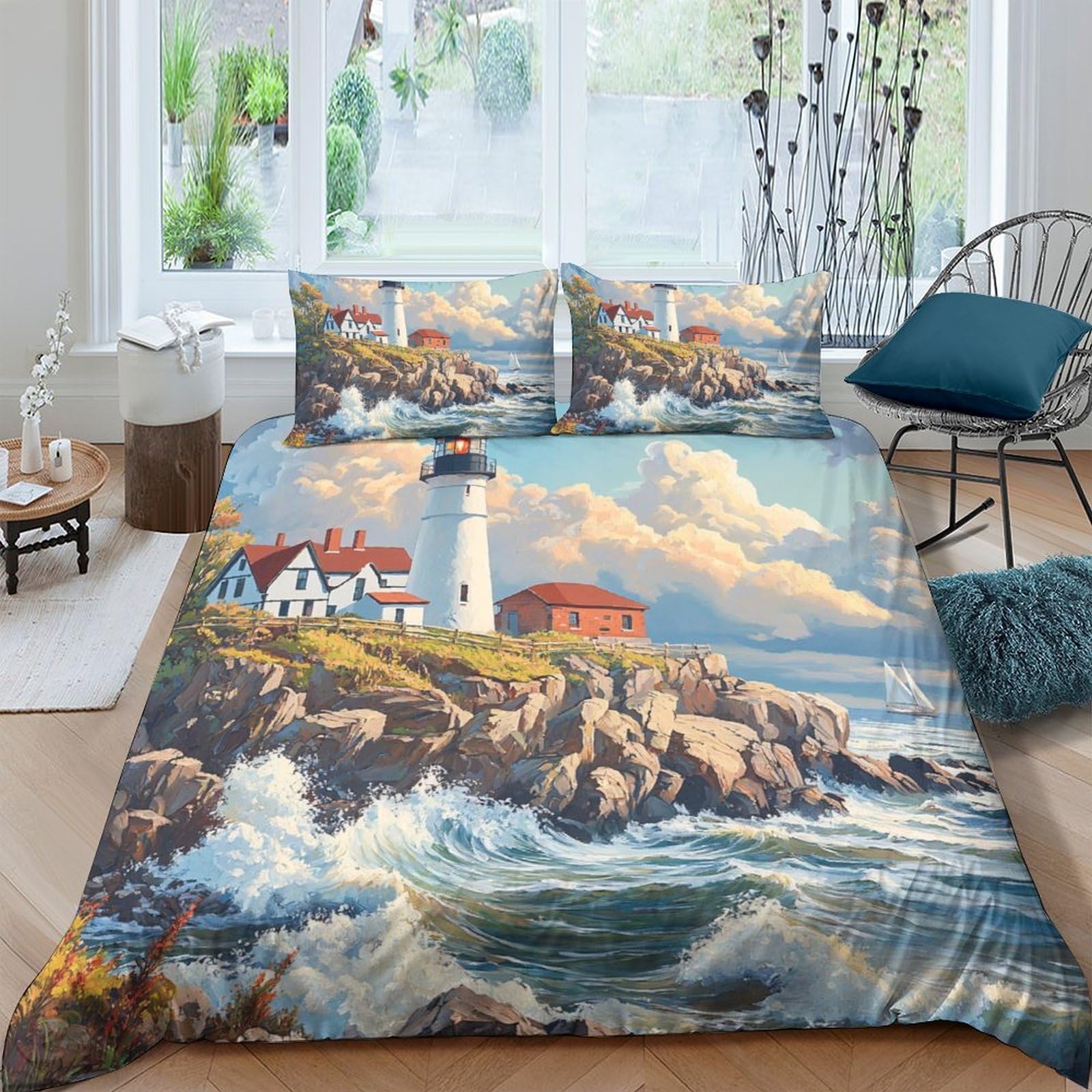 Ctjqhvkz Style-3 3D Printed Lighthouse Coastal Fitted Sheet Microfiber Soft Bedroom Decor Ocean Waves Mattress Cover For Home Guest Room Single（135X200cm）