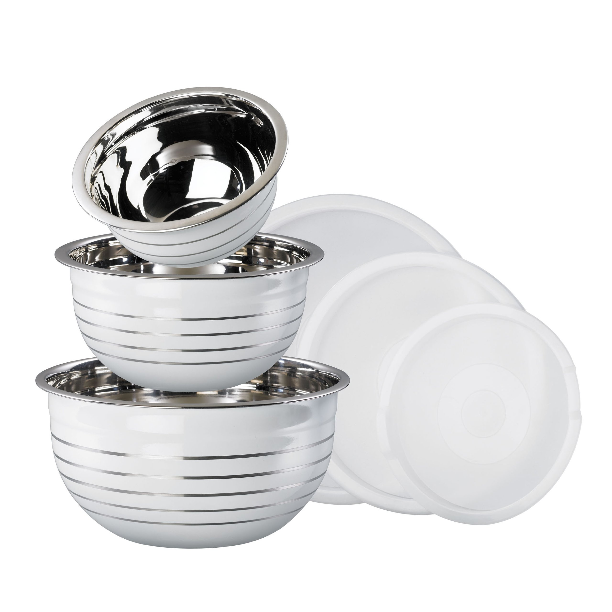 King Schüssel-Set 3-teilig aus Schüsseln mit Deckeln, Größen ca. 18, 22 und 26 cm, weiß-Silber gestreift Küche, Haushalt & Wohnen