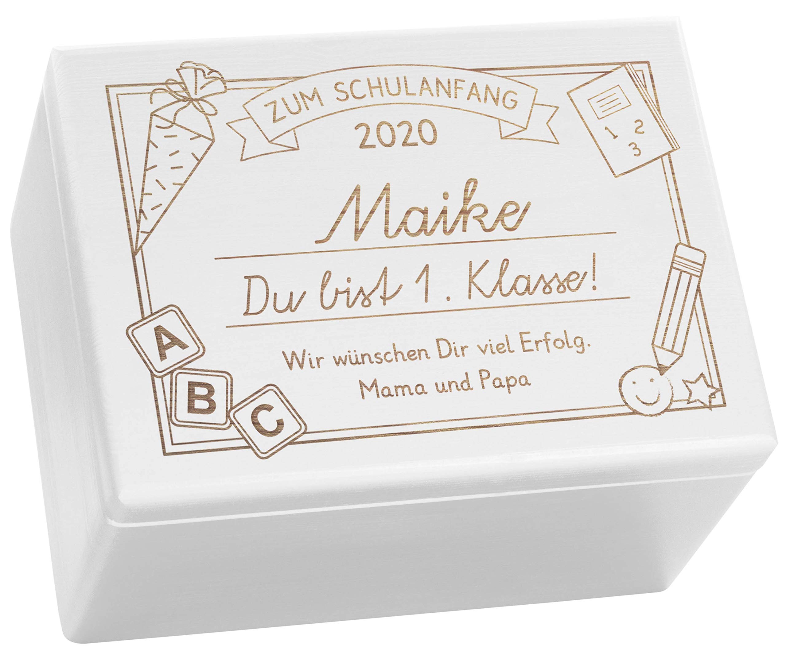 LAUBLUST Holzkiste mit Gravur - Personalisiert mit Datum | Name | WIDMUNG - Weiß, Größe XL - Schreibtafel Motiv - Geschenkkiste zur Einschulung, FSC®