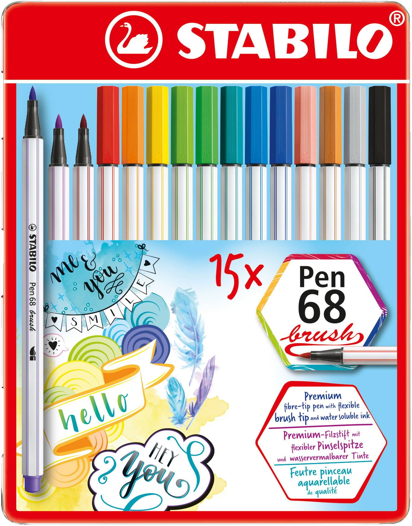 Premium Fiber-Tip Pen with Brush Tip - STABILO Pen 68 brush - Tin of 15 - Assorted Colors