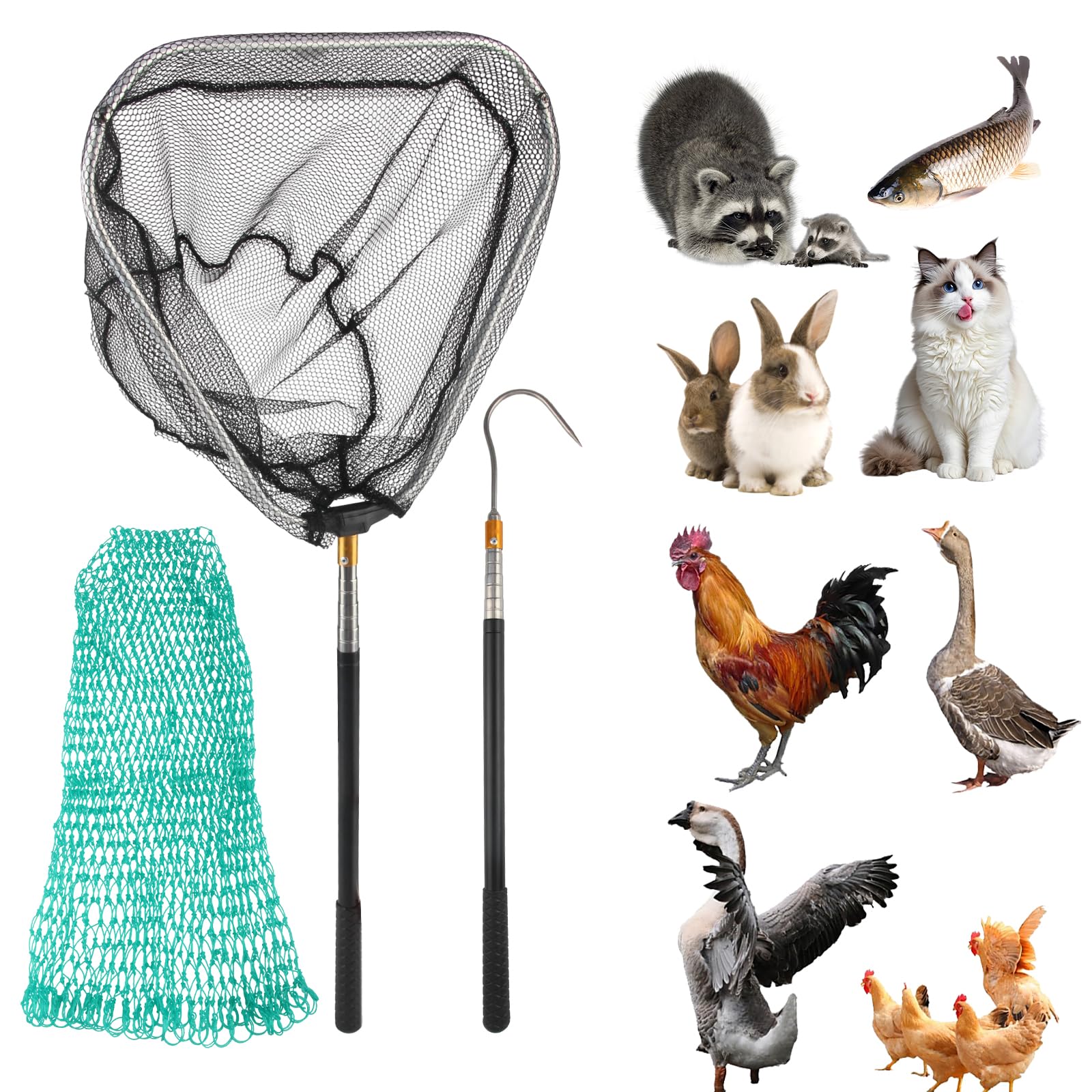 3 Pièces Attrape Poulet Extensible Filet de Volaille Amovible | Epuisette Peche, Avec Crochet en Acier Inoxydable, Filet Capture, Pour Animaux Dindes Oies Canards Oiseaux Petits et Poissons