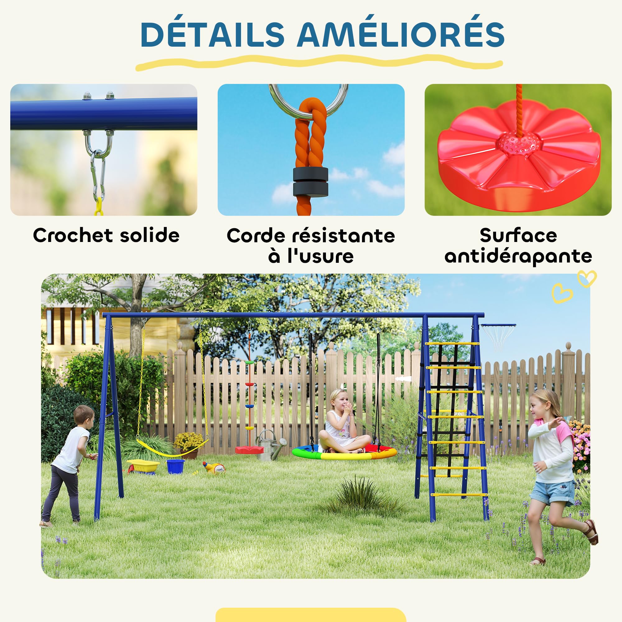 AIYAPLAY Portique Balancoire Exterieur 6 en 1 3 Balançoires Métal 160 kg | Balançoire Enfant Extérieur, Panier de Basket, Échelle d'Escalade et Filet, pour Enfants 3-8 Ans, Multicolore