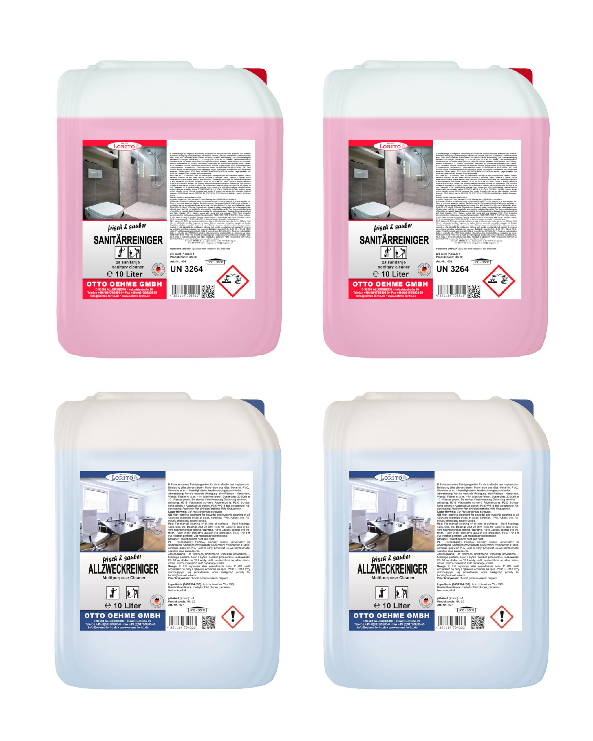 Lorito Set frisch & sauber Kalklöser 2 x 10L & Allzweckreiniger 2 x 10L | Reinigungsmittel gegen hartnäckige Verunreinigungen im Haushalt, ganzheitliches Reinigungs-Set für langanhaltenden Glanz